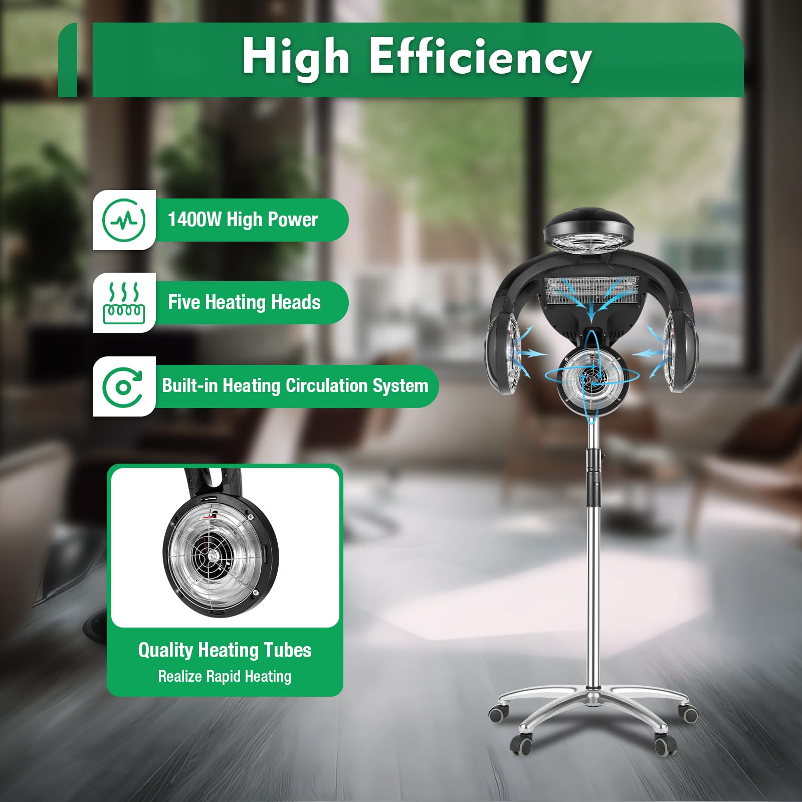 1400W Professional Salon Hair Dryer with Smooth Wheels - Adjustable Stand Hood Dryer for Home & Salon Use - Perfect for Styling, Drying & Hair Treatments - Black