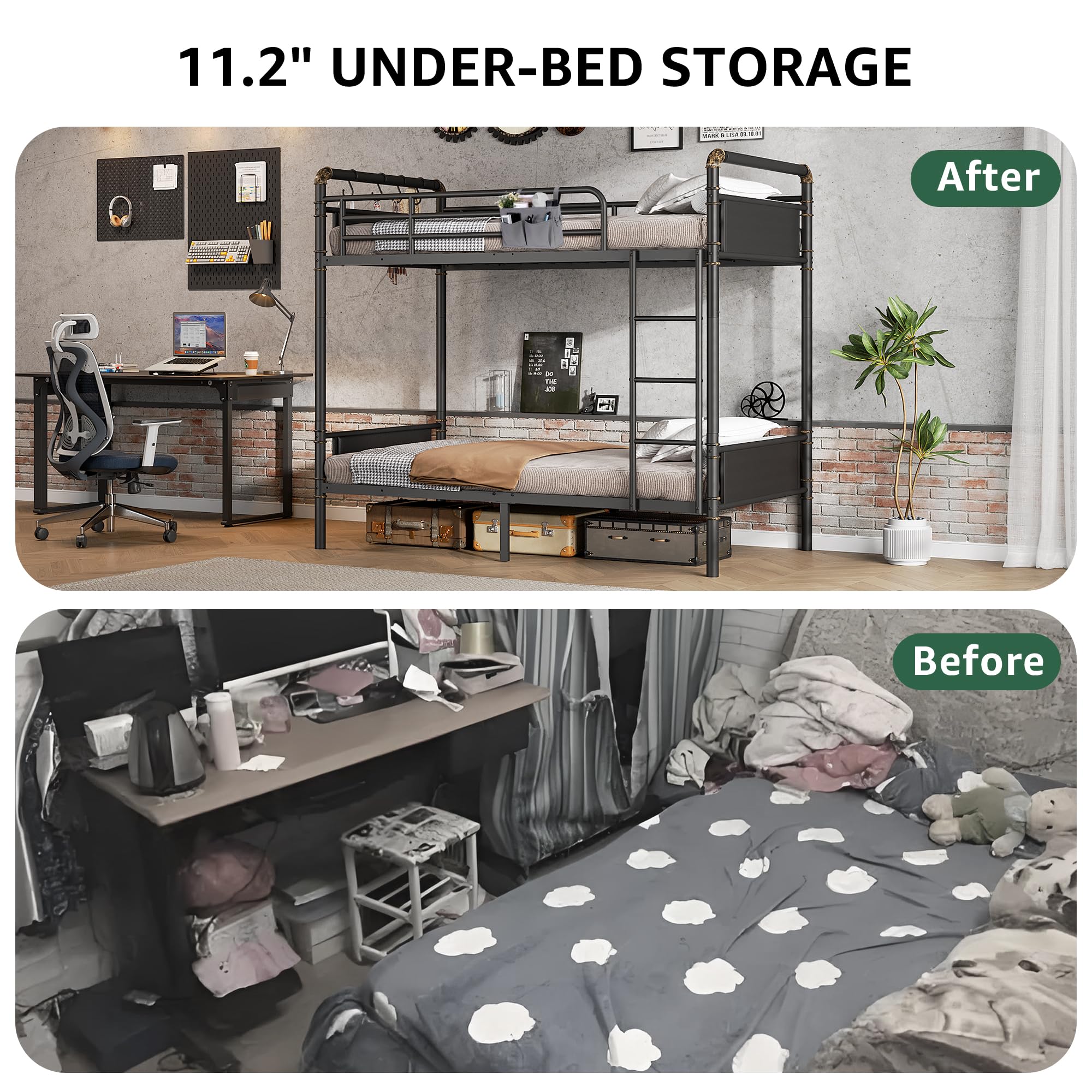 Industrial Metal Bunk Bed Twin Over Twin - Heavy Duty Steel Bunkbeds with Safety Guard Rails | Space-Saving Design for Small Bedrooms, Dorms & Kids Rooms | Black Leather Finish