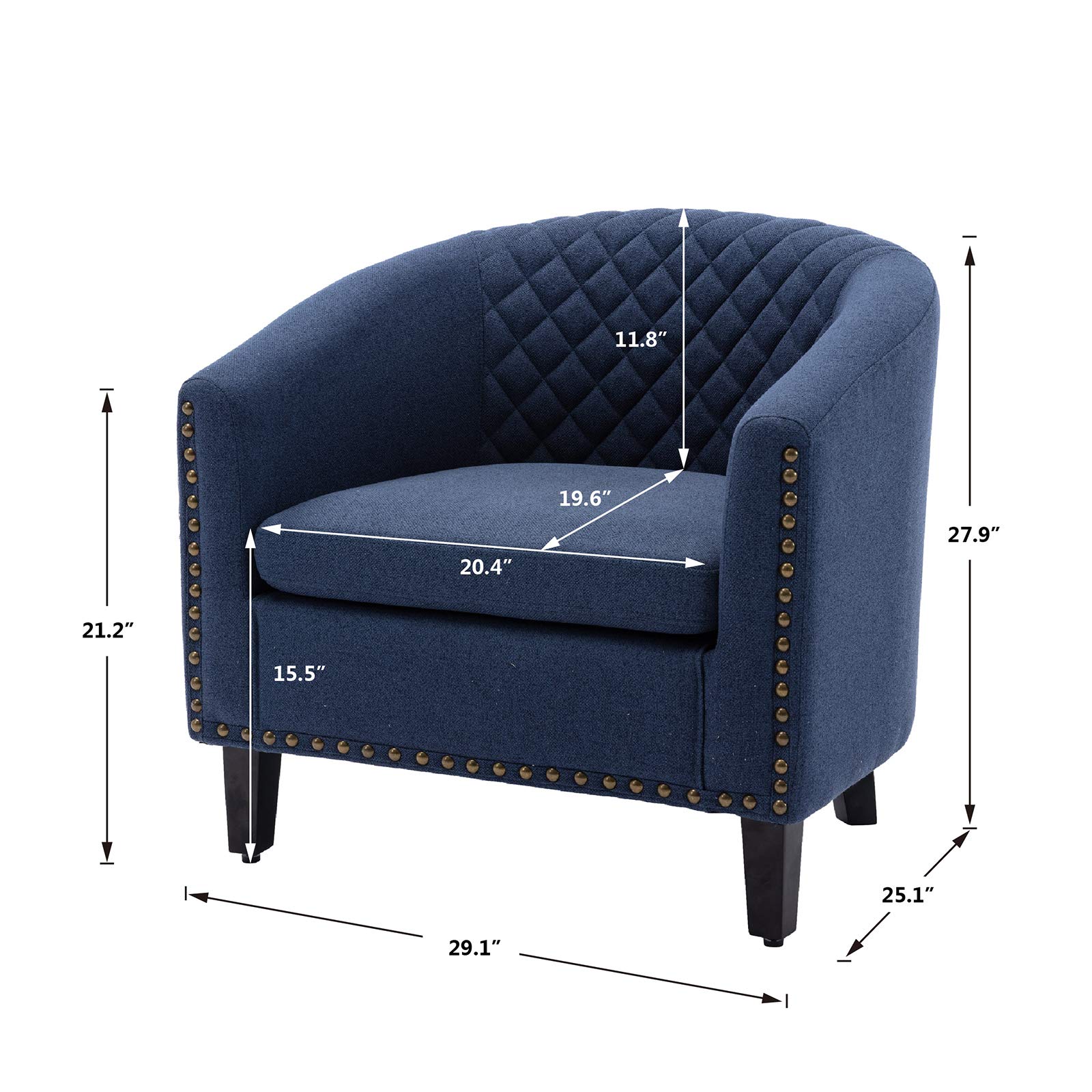 SSLine Classic Upholstered Accent Armchair - Soft Linen Fabric Barrel Club Chair with Solid Wood Legs & Nailhead Trim - Navy Blue Living Room Sofa, Office Guest Chair, Bedroom Seating - Comfortable Single Seater for Home Decor