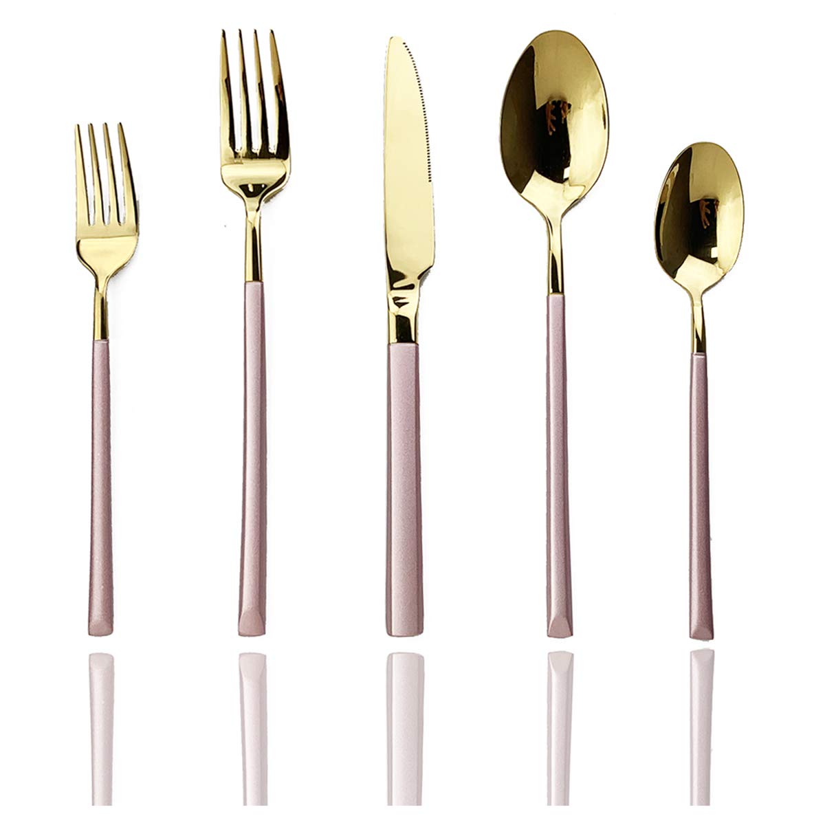 JASHII 5-Piece Modern Silverware Set - 18/10 Stainless Steel Elegant Flatware with Square Edge - Mirror Polished & Dishwasher Safe (Pink Gold) - Perfect for Dining, Gifts & Kitchen Essentials