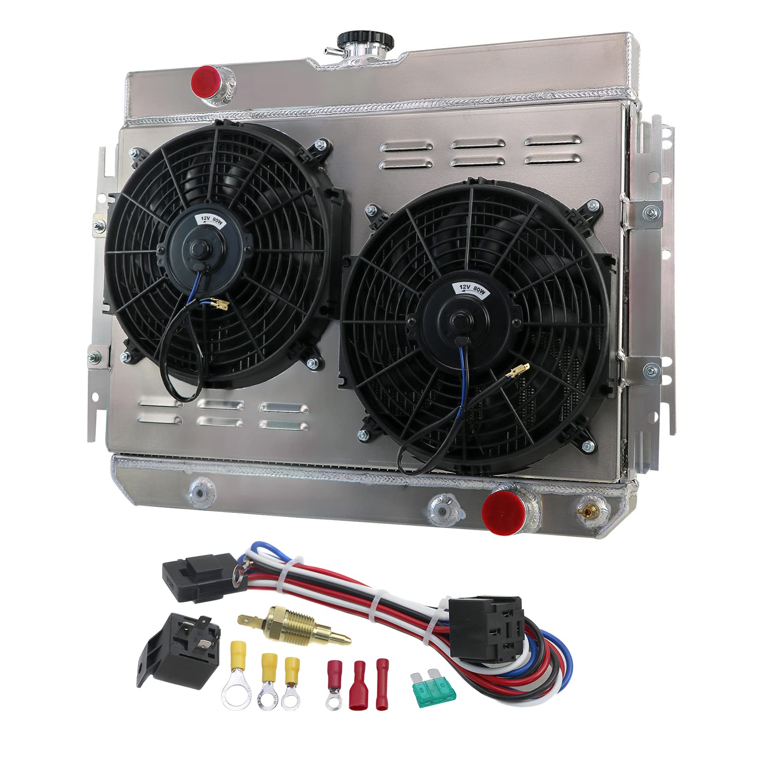 High-Performance Aluminum Radiator for 1959-1968 Chevy Impala/Bel Air/Chevelle/Caprice/Biscayne - 4 Row Cooling System with Shroud, Fan & Relay - Perfect for Classic Car Restoration & Hot Rod Upgrades