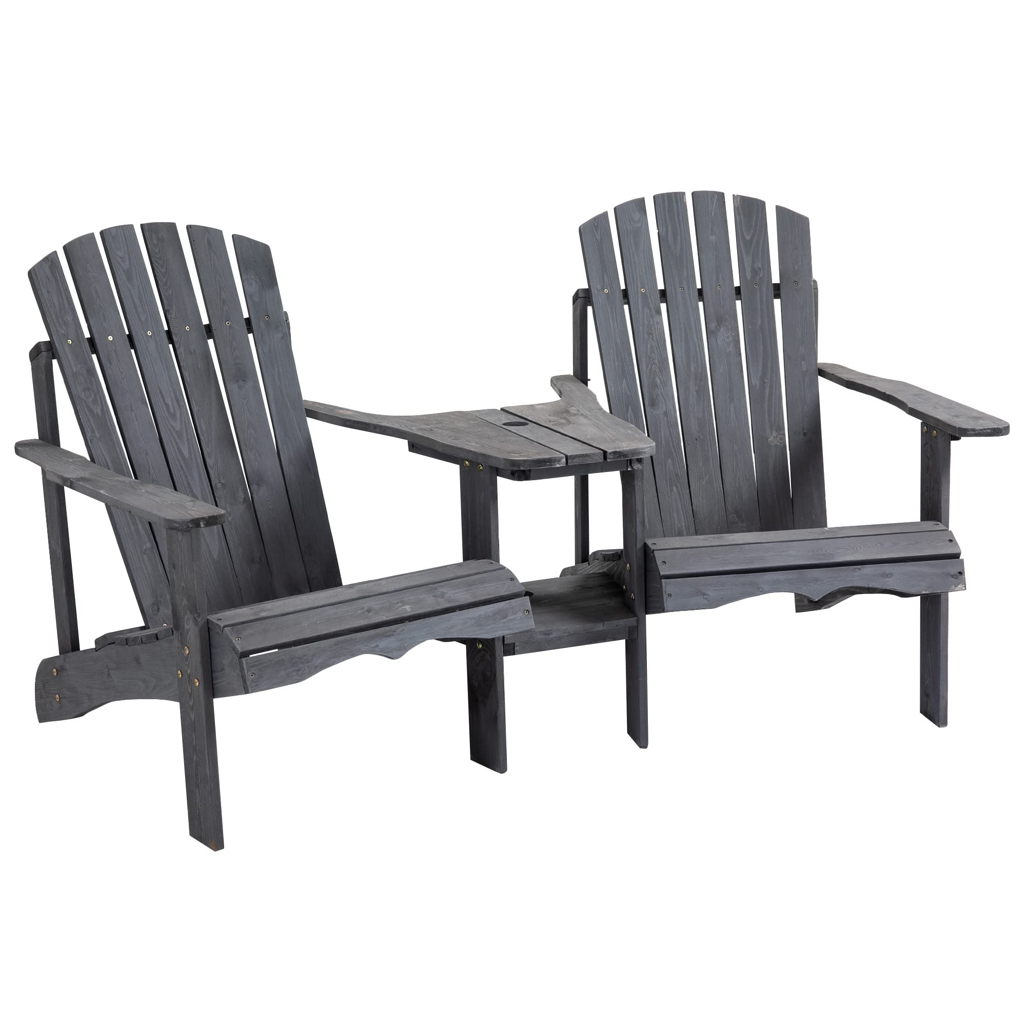 Outsunny 2-Person Wooden Adirondack Chairs Set with Fire Pit Table & Umbrella Hole - Gray Outdoor Patio Furniture for Deck, Lawn, Poolside & Backyard Relaxation