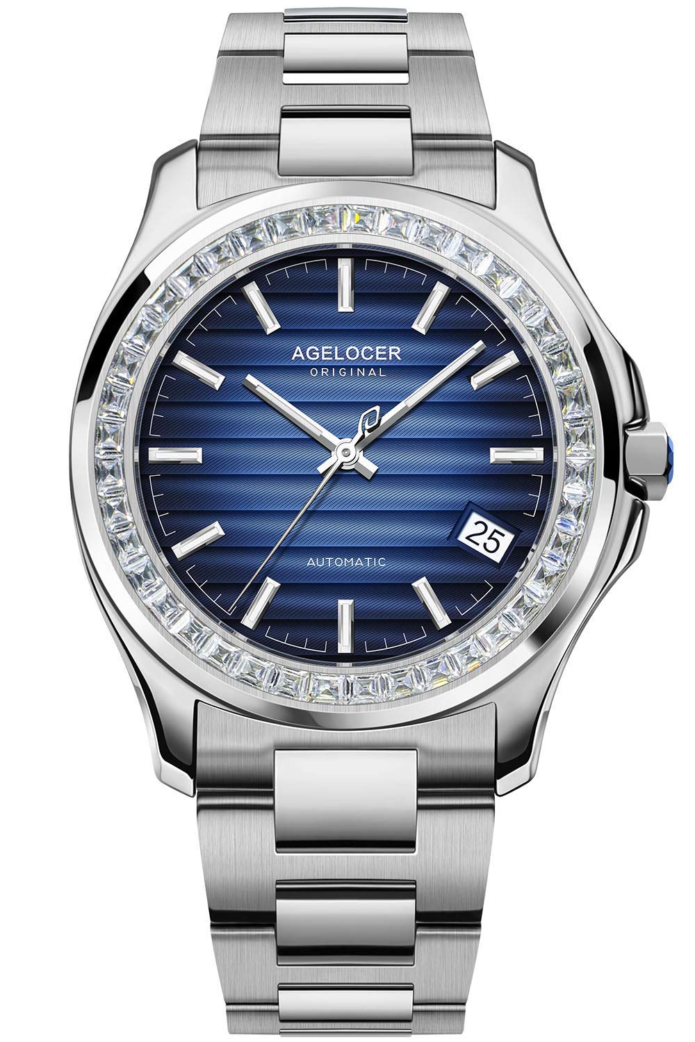 Agelocer Men's Luxury Automatic Mechanical Watch with Calendar, Stainless Steel Band, Luminous Hands & Diamond Accents - Perfect for Business, Formal Events & Special Occasions