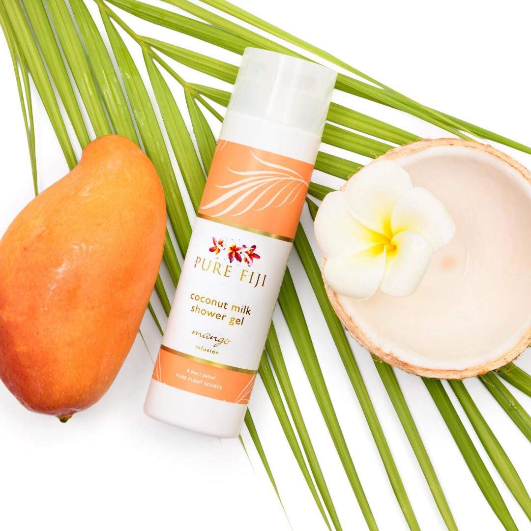 PURE FIJI Coconut Body Wash & Shower Gel - Moisturizing Body & Hair Wash with Natural Oils for Women & Men - All Skin Types - Mango Scent - 8.5 oz - Perfect for Daily Hydration & Relaxing Bath Time
