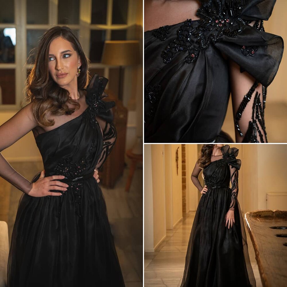 Elegant Black Satin A-Line Evening Gown with Beaded Details - Women's Sexy Formal Dress for Wedding, Party & Special Occasions | Serene Hill Collection LA71213 | Perfect for Red Carpet Events, Galas & Cocktail Parties