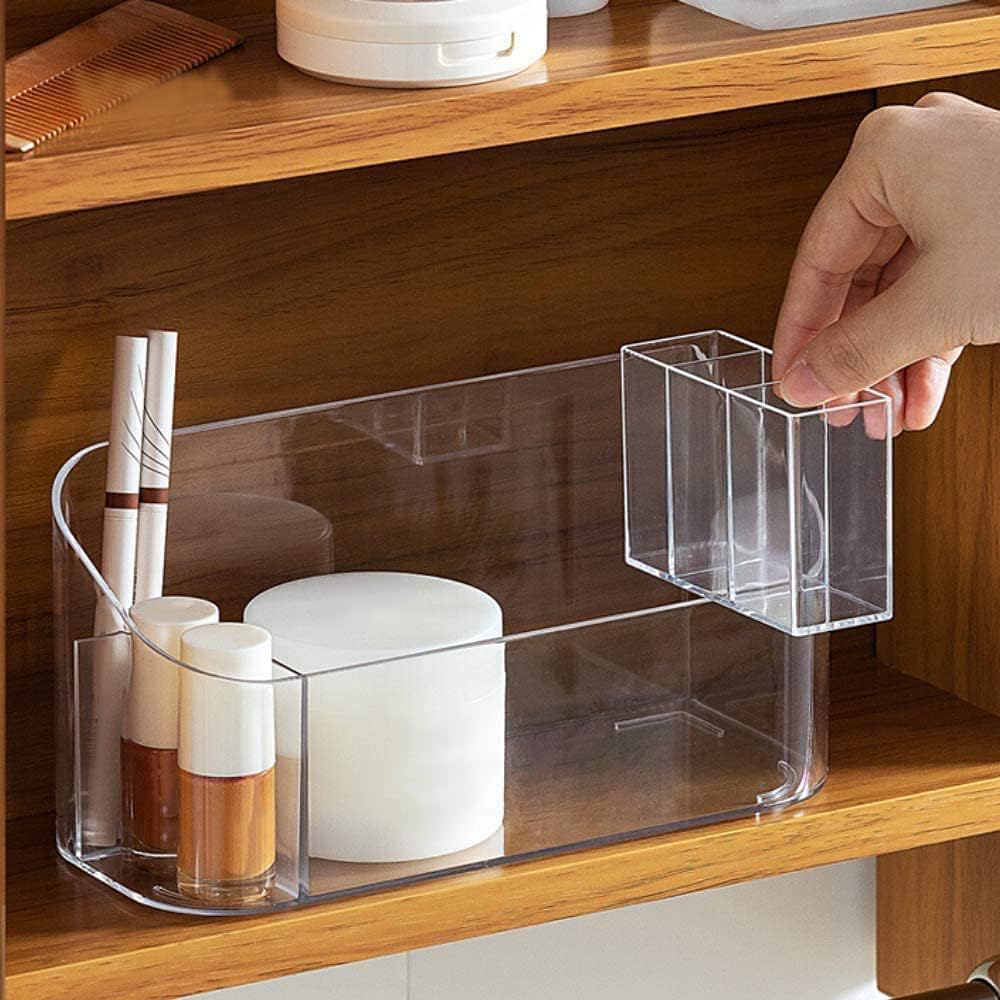 LINFIDITE 2 Pack Clear Acrylic Makeup Organizer Tray with 9 Compartments & 2 Removable Dividers - Cosmetic Storage for Bathroom, Vanity & Dresser - Perfect for Lipstick, Lipgloss, Brushes & Beauty Essentials (Crystal Clear)