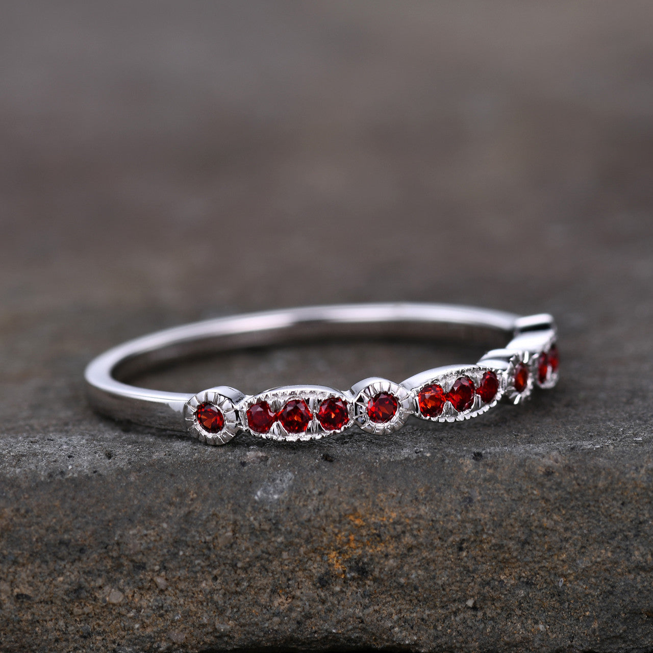 White Gold Garnet Wedding Band - Half Eternity Stackable Ring for Women | Perfect for Bridal Sets, Anniversary Gifts & Everyday Elegant Jewelry