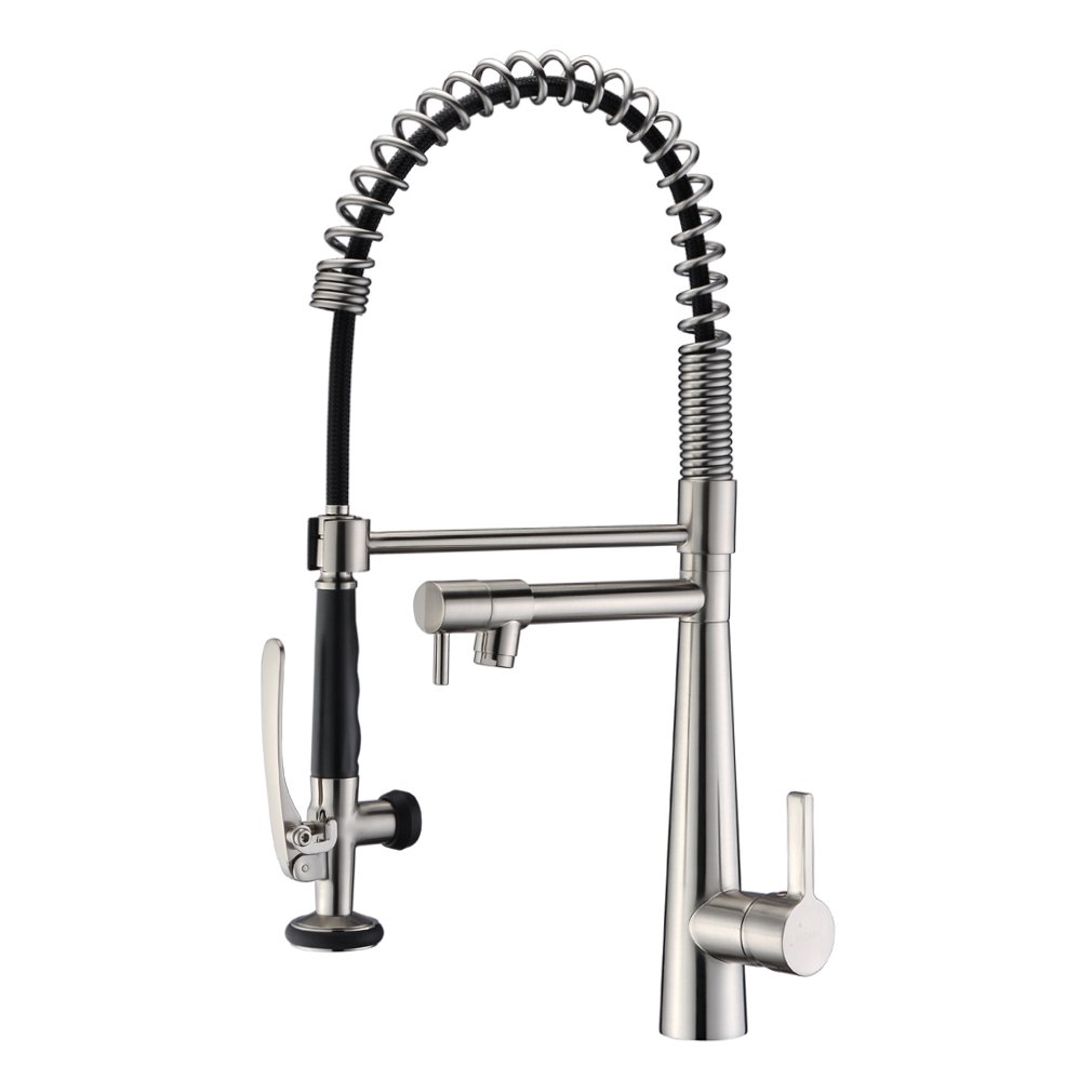 Commercial Heavy Duty Spring Single Handle Brass Kitchen Faucet with Pull Down Sprayer & Pot Filler, Stainless Steel Brushed Nickel for Modern Kitchens and Restaurants