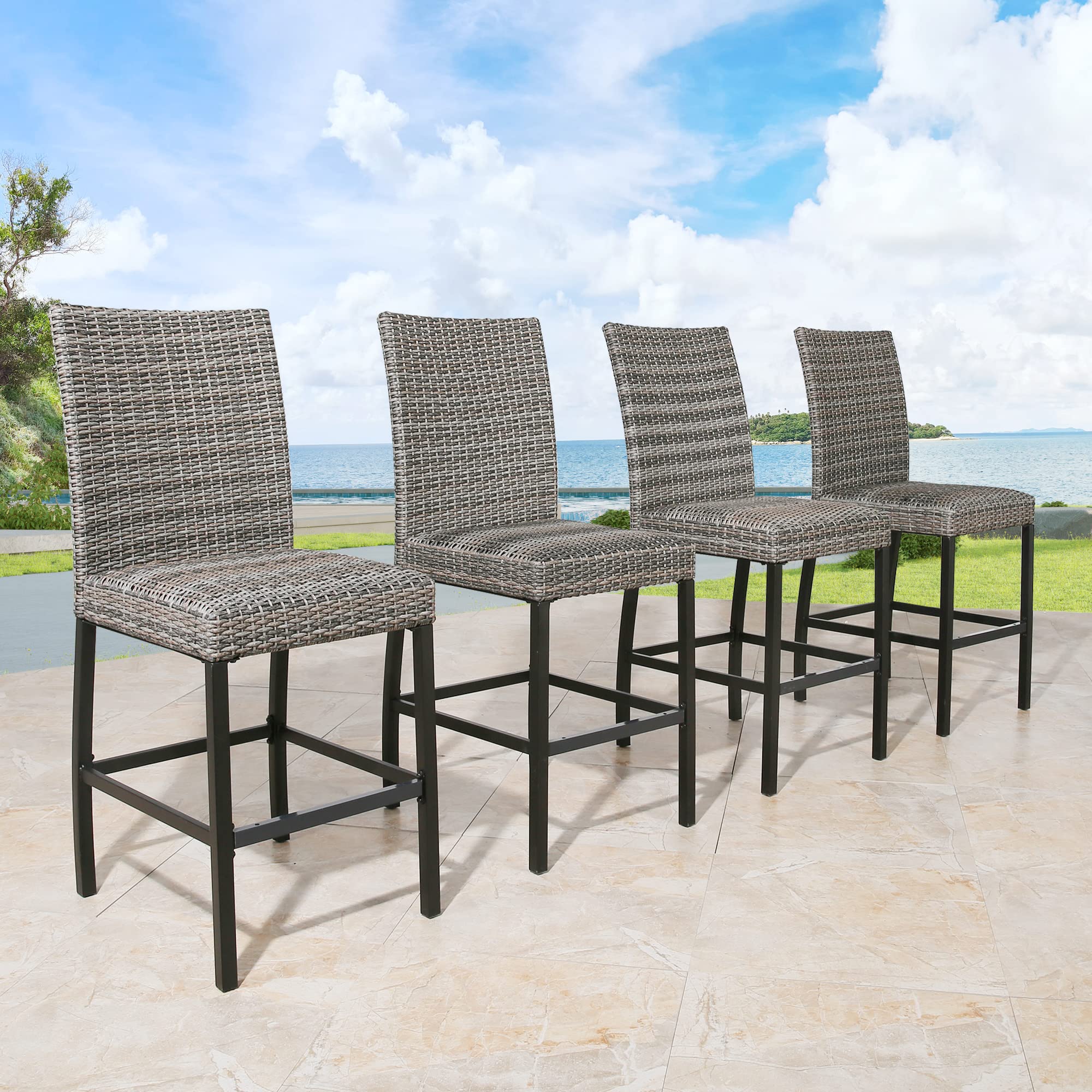 4-Pack Outdoor Wicker Bar Stools with Padded Seats - Waterproof Patio Bar Chairs for Backyard, Poolside & Deck (Set of 4) - Perfect for Outdoor Dining, Entertaining & Relaxing