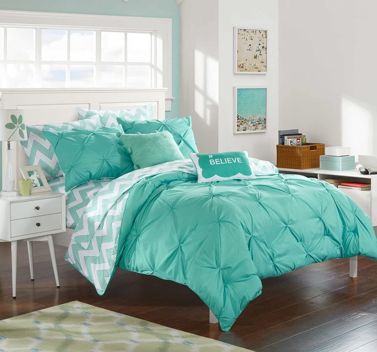 Stylish 9-Piece Heathville Pinch Pleated Chevron Print Reversible Comforter Set - Full Bed in a Bag with Aqua Sheets | Perfect for Guest Rooms, Master Bedrooms & Cozy Home Decor
