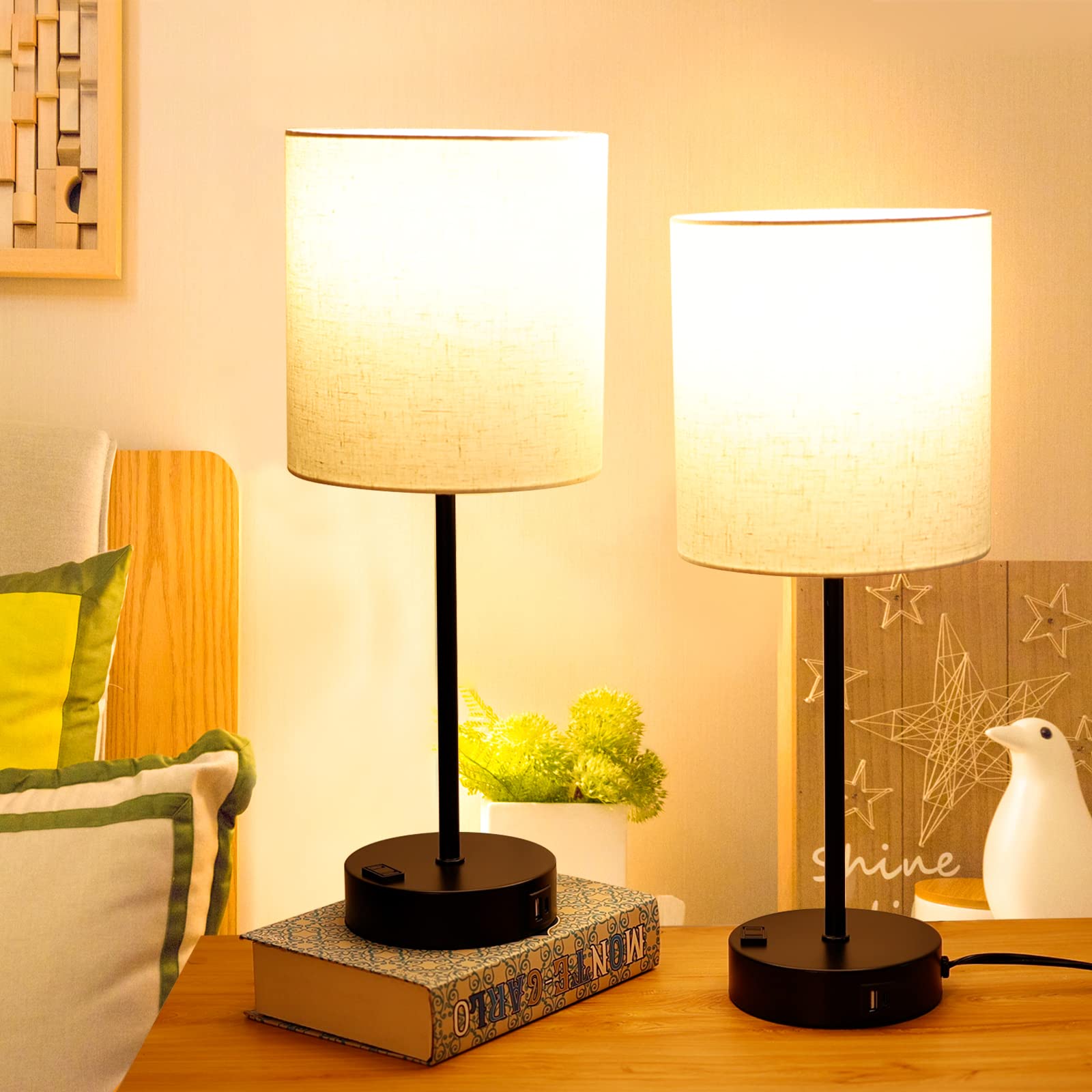 3-Way Dimmable Touch Table Lamp with Round White Lampshade - Set of 2 LED Bedside Lamps for Bedroom, Living Room, Dorm & Home Office - Perfect for Reading, Nightstand Lighting & Ambient Decor (Black)