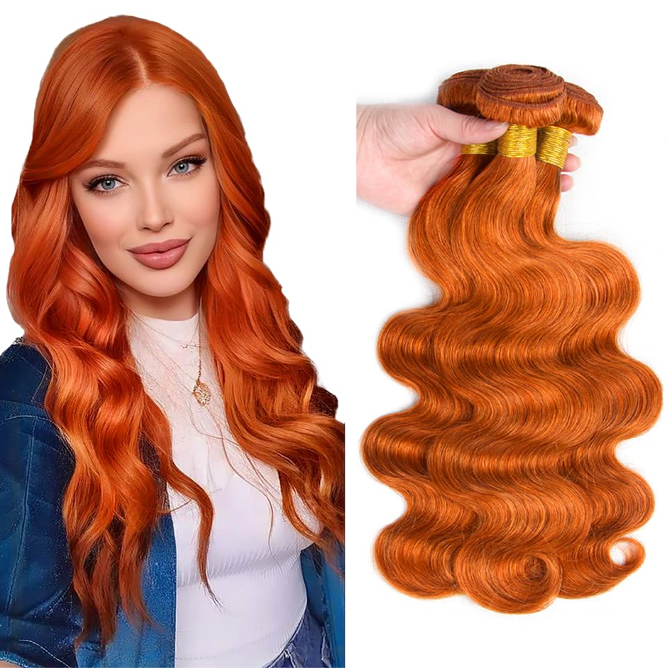Brazilian Burnt Orange Body Wave Human Hair Bundles 8 10 12 Inch - Unprocessed Virgin Hair 3 Bundles for Natural Look | Perfect for Weaves, Wigs & Extensions