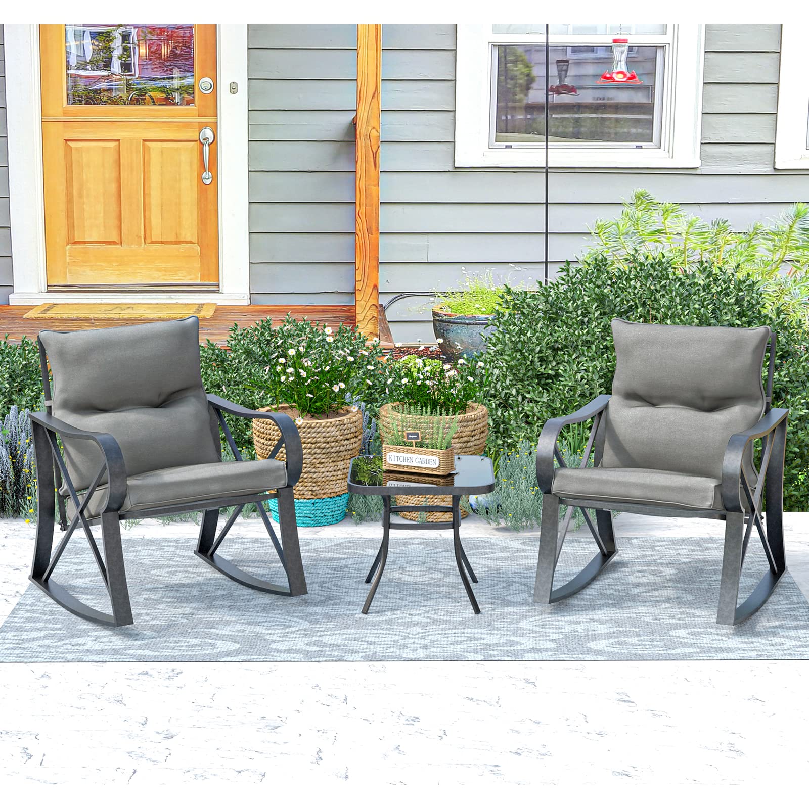 AQUILLA 3-Piece Outdoor Patio Rocking Set with Metal Frame & Tempered Glass Table - Light Gray Cushioned Bistro Set for Garden, Backyard, Porch - Perfect for Relaxing, Entertaining & Outdoor Dining