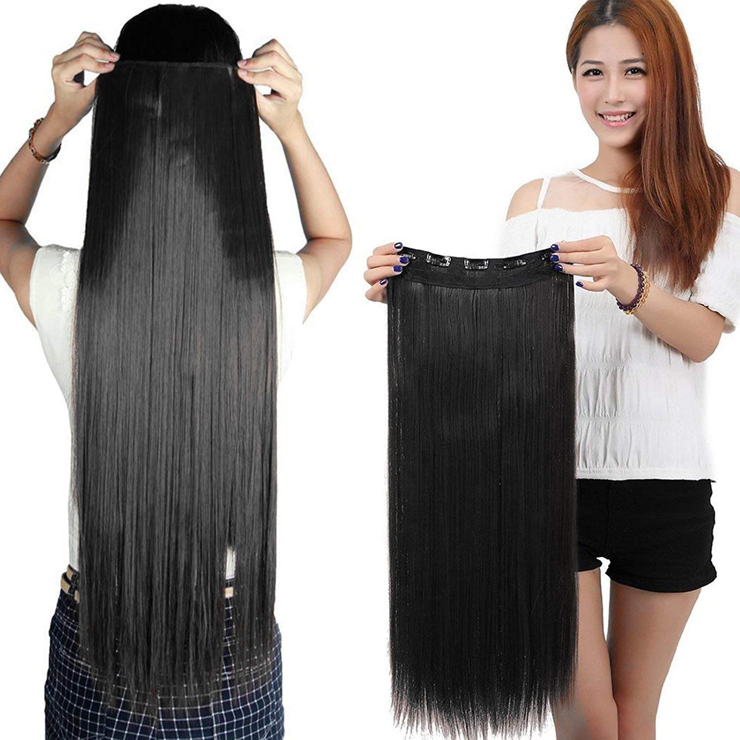 AIRGEAR 5CLIP Long Straight Synthetic Hair Extensions & Wigs for Women - Smooth Silky Brown Hair Extensions for Daily Wear, Parties & Cosplay