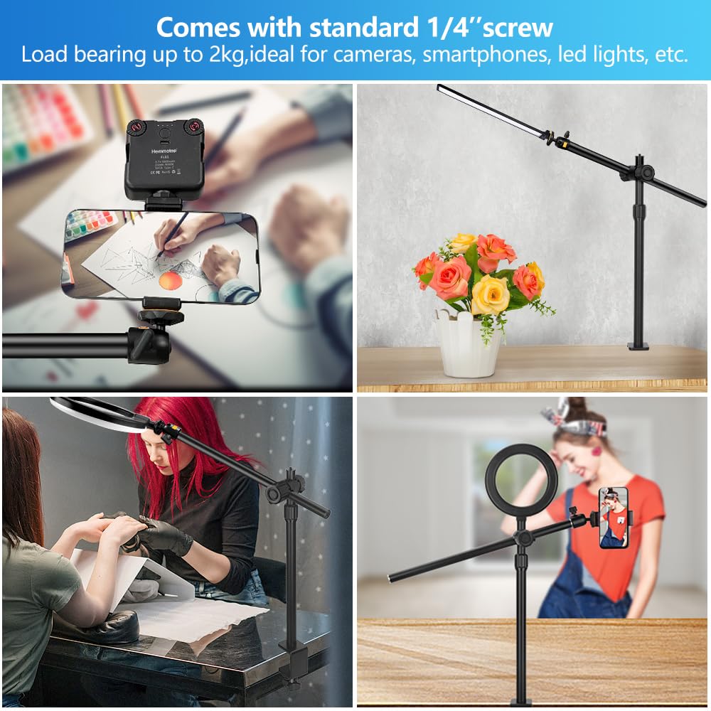 HEMMOTOP Overhead Camera Stand - Heavy Duty 360° Rotatable Webcam Mount for Desk, 4.4LBS Payload - Perfect for Vlogging & Cooking Videos