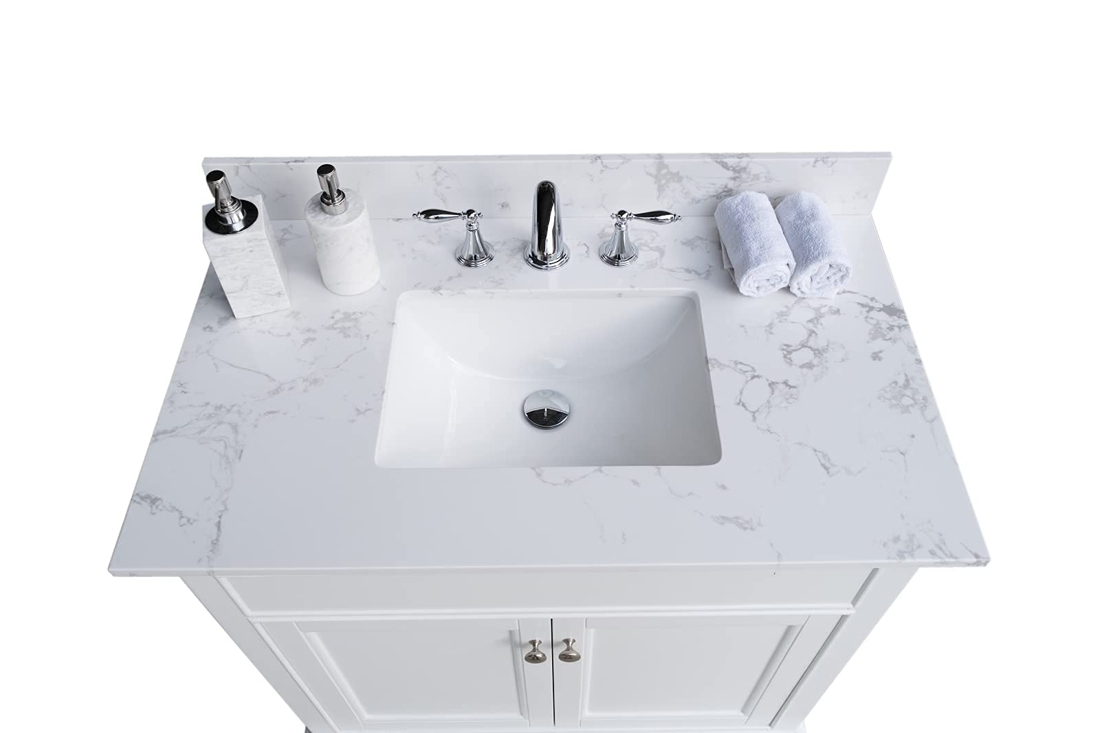 Pannow 37 Inch Carrara White Marble Vanity Top with Undermount Rectangular Ceramic Sink & Backsplash - Natural Stone Bathroom Countertop for Vanity Cabinet (Cabinet Not Included) | Perfect for Modern Bathroom Renovation & Master Bath Upgrades