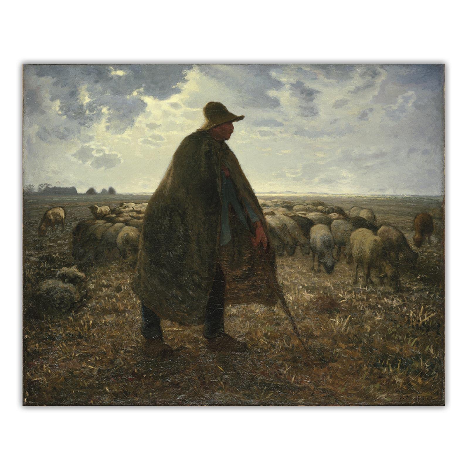 Jean Francois Millet Shepherd Tending His Flock Famous Painting Canvas Wall Art - 80x100cm Framed Oil Reproduction - Perfect for Bedroom, Living Room & Office Decor