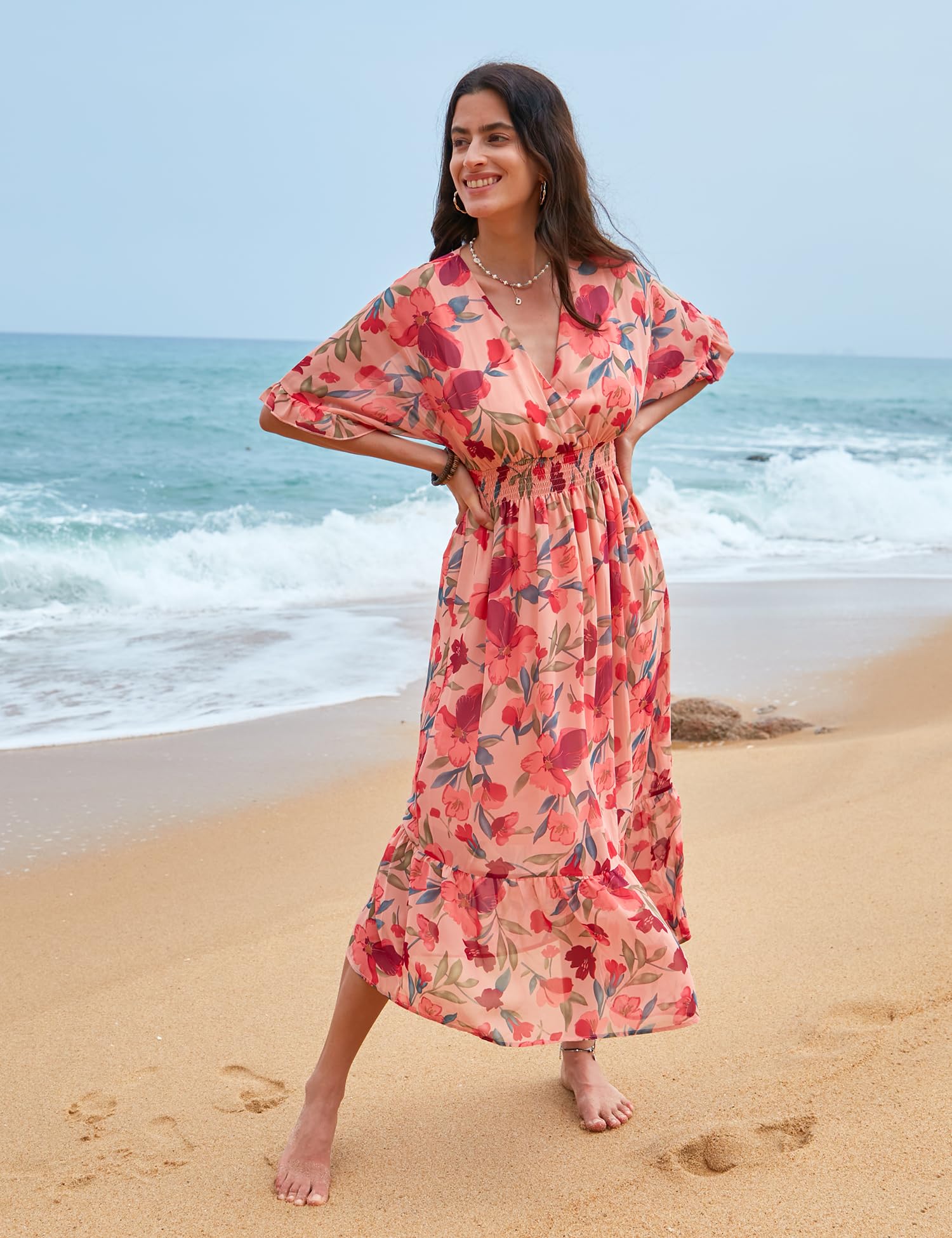 2025 Women's Floral Midi Dress - A-Line Chiffon Boho Casual Short Sleeve Beach Dress for Spring & Summer | Perfect for Vacations, Weddings & Outdoor Parties