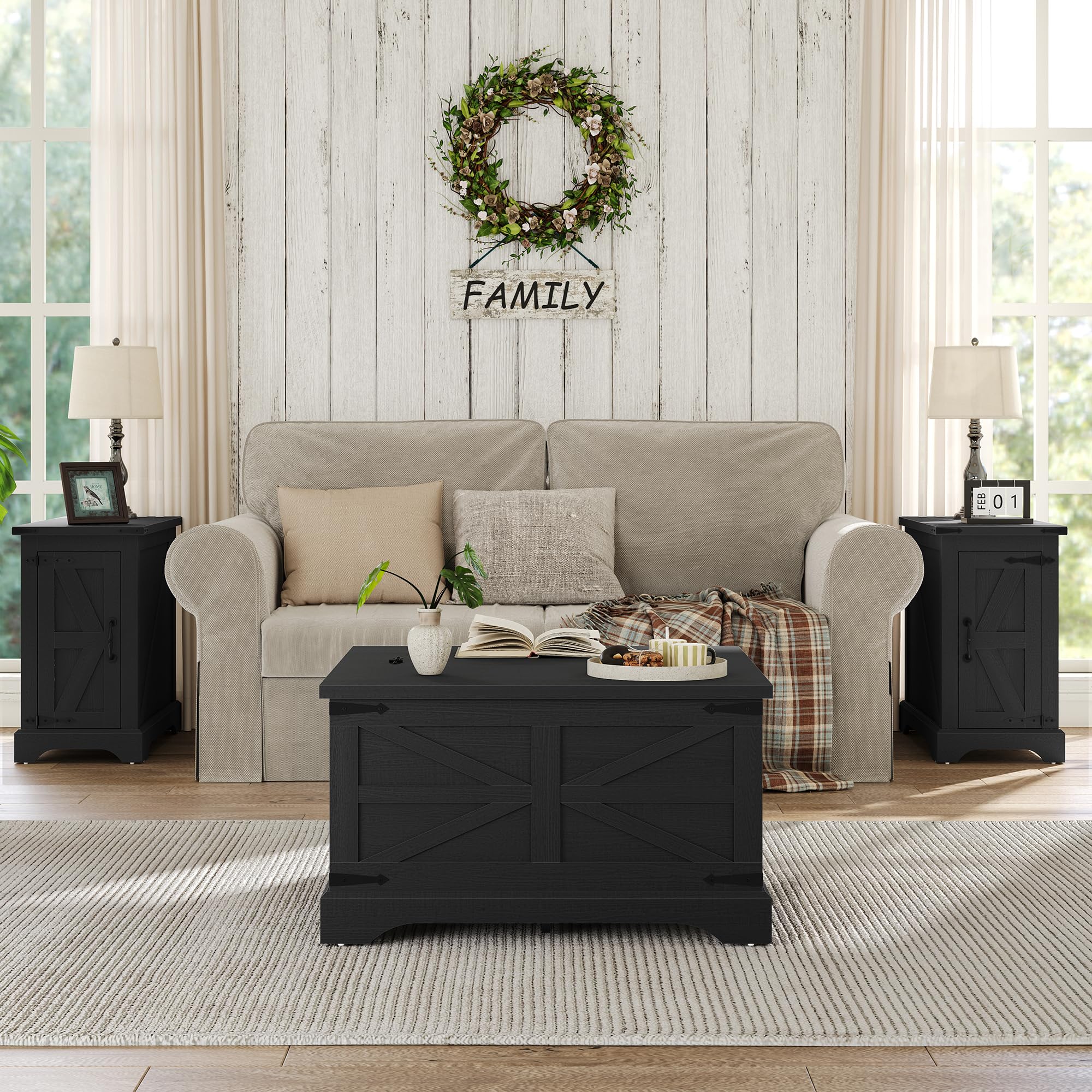Farmhouse Lift Top Coffee Table with Hidden Storage - Square Rustic Wood Center Table for Living Room, Hinged Lift Top Cocktail Table - Perfect for Small Spaces, Home Office, and Cozy Farmhouse Decor (Black)