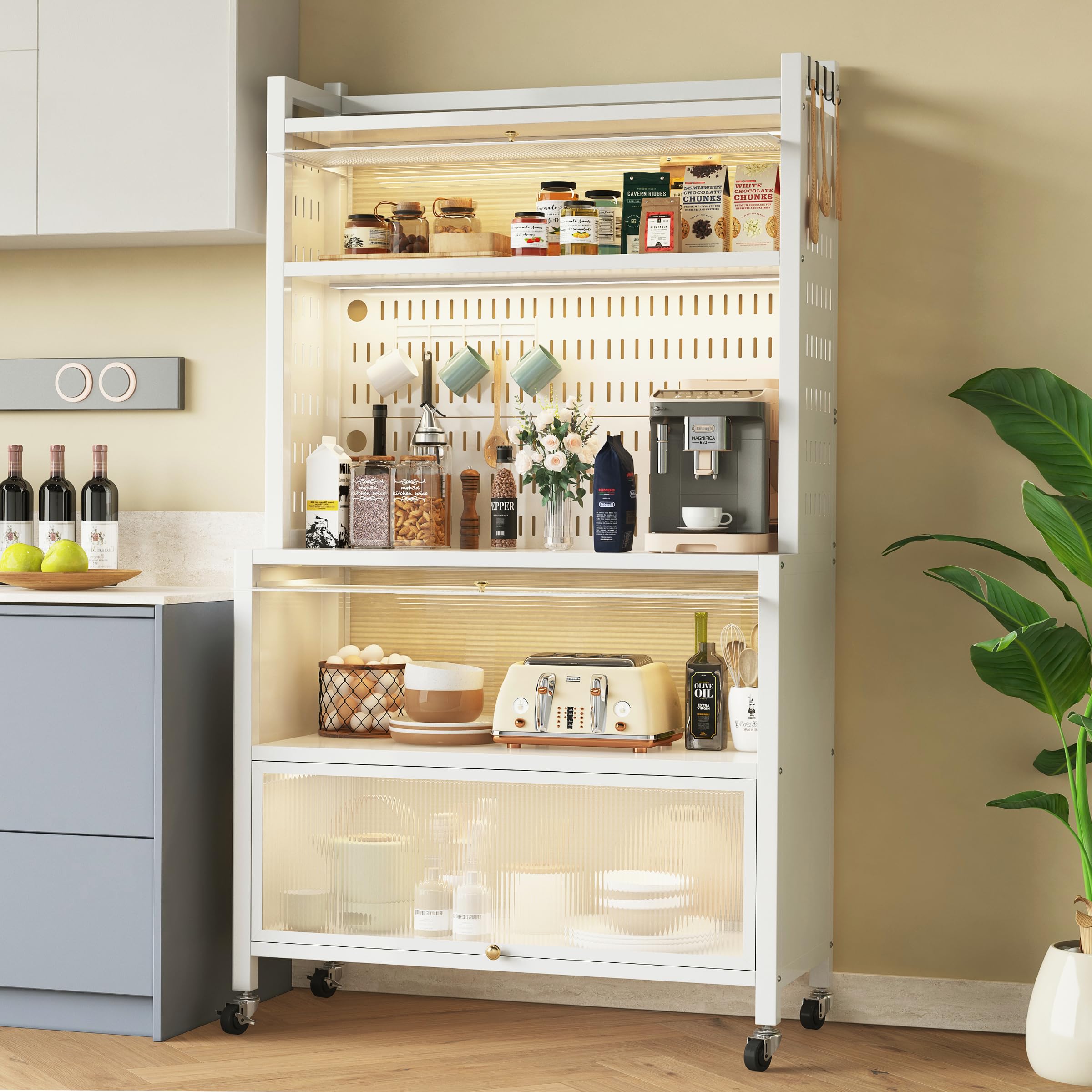COVAODQ 5-Tier Kitchen Baker's Rack with Flip Door Cabinet & Pegboard Accessories - Microwave Stand for Garage, Pantry & Home Kitchen Organization - Perfect for Small Spaces, Baking Storage & Appliance Placement