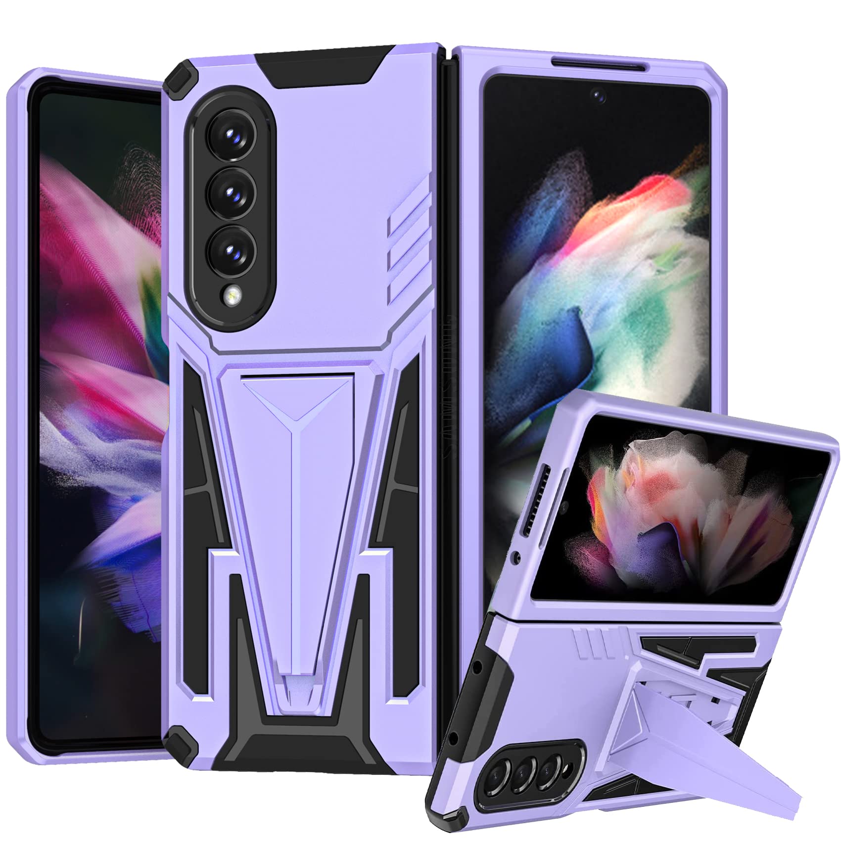 Premium Shockproof Samsung Galaxy Z Fold 3 Case with Kickstand - Heavy Duty Armor Cover, Anti-Drop PC+TPU Hybrid Protection for Z Fold 3 5G (2021 Model) - Perfect for Work, Travel & Outdoor Activities - Purple