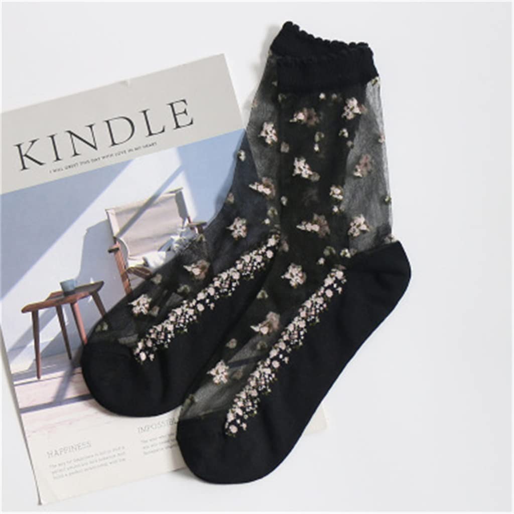 3 Pairs Women's Breathable Thin Summer Socks - Transparent Lace Silk Short Socks with Crystal Rose Flower Design, Elastic Comfort Fit (Size 34-39) | Perfect for Casual Wear, Office, Dating & Summer Outfits