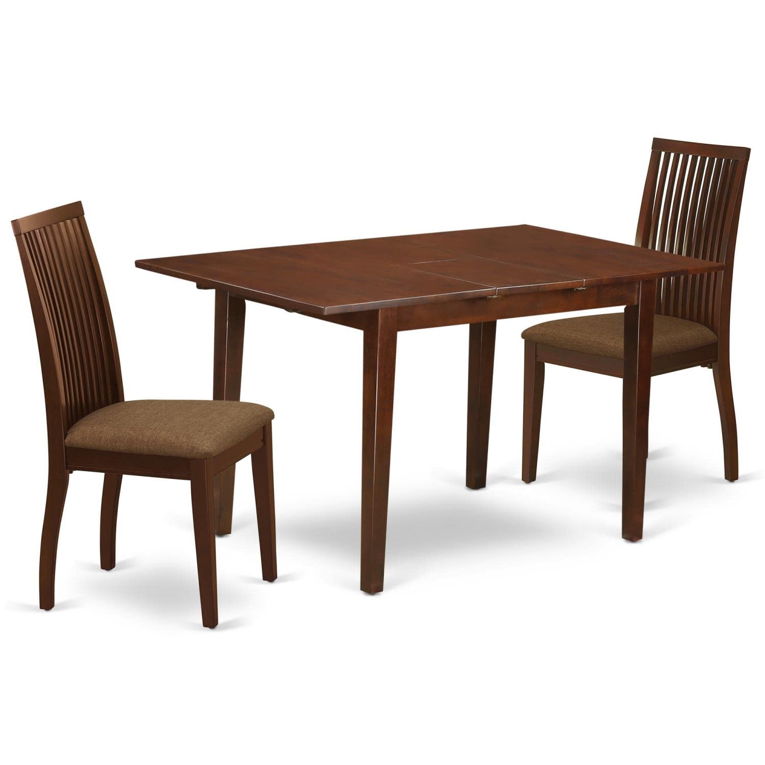 East West Furniture NOIP3-MAH-C 3-Piece Mahogany Dining Set with Extendable Table & 2 Upholstered Chairs - 32x54 Inch Kitchen Table with Butterfly Leaf - Perfect for Small Spaces, Breakfast Nooks & Apartment Dining Rooms