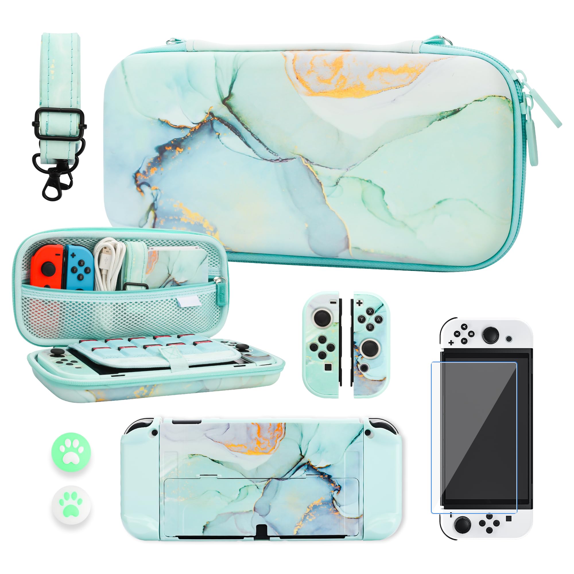 Premium Hard Shell Travel Case for Nintendo Switch OLED - Green Marble Protective Cover with Screen Protector, Adjustable Shoulder Strap & 2 Thumb Grips | Durable Portable Storage Solution for Gaming On-The-Go, Travel Protection & Home Organization