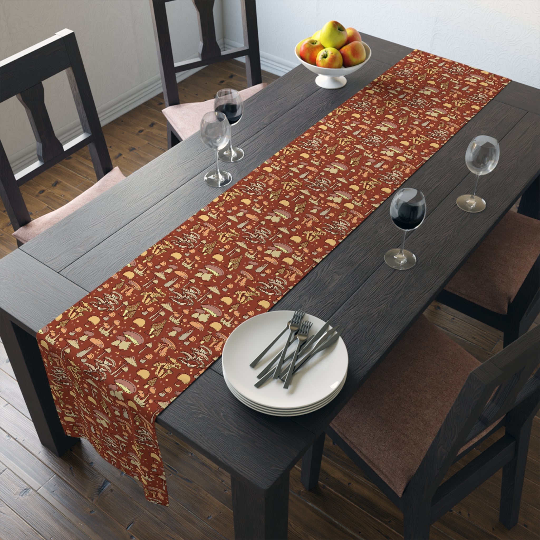 Stylish Cotton or Polyester Table Runner with Groovy Brown Mushroom Print - 2 Size Options for Dining & Kitchen Decor