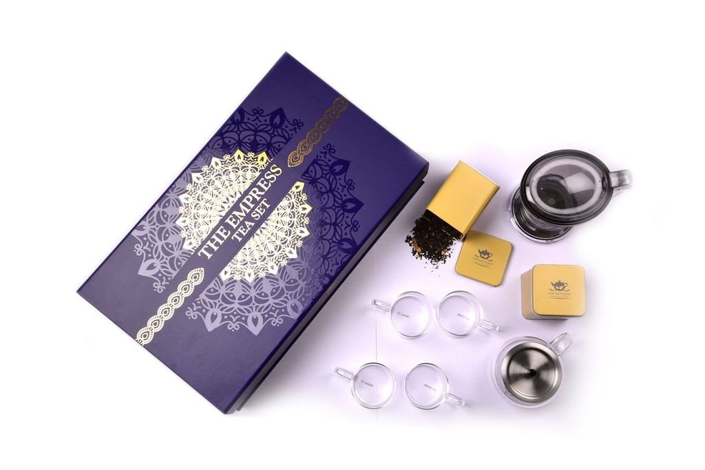 Premium Empress Tea Gift Set - 4 Aromatic Loose Leaf Teas with Elegant Stainless Steel Kettle & 4 Porcelain Cups - Perfect for Afternoon Tea, Housewarming Gifts & Relaxation Moments