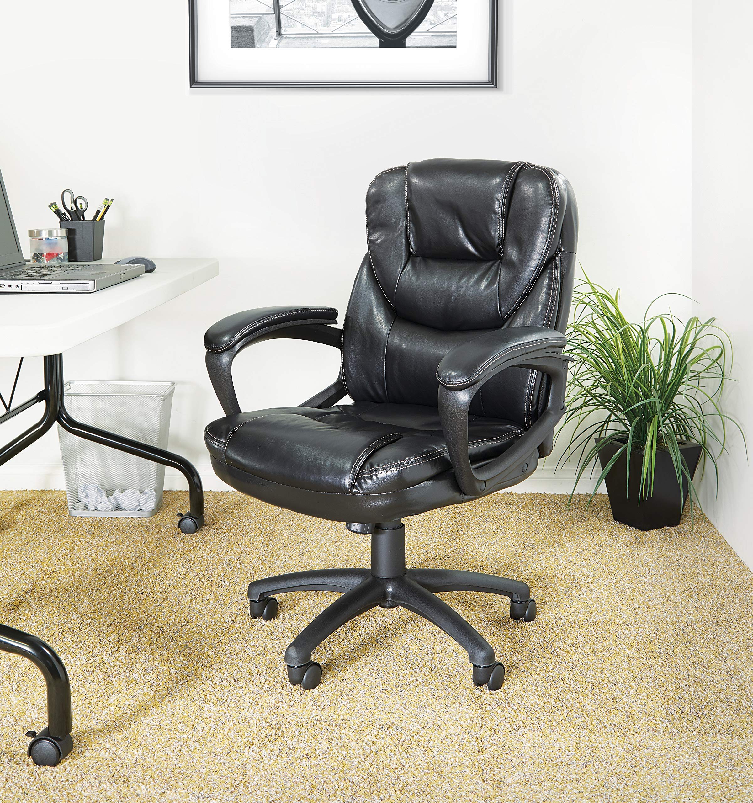 Office Star FL Series Faux Leather Adjustable Executive Office Chair with Lumbar Support & Padded Arms - Ergonomic Desk Chair for Home Office & Workspace - Black