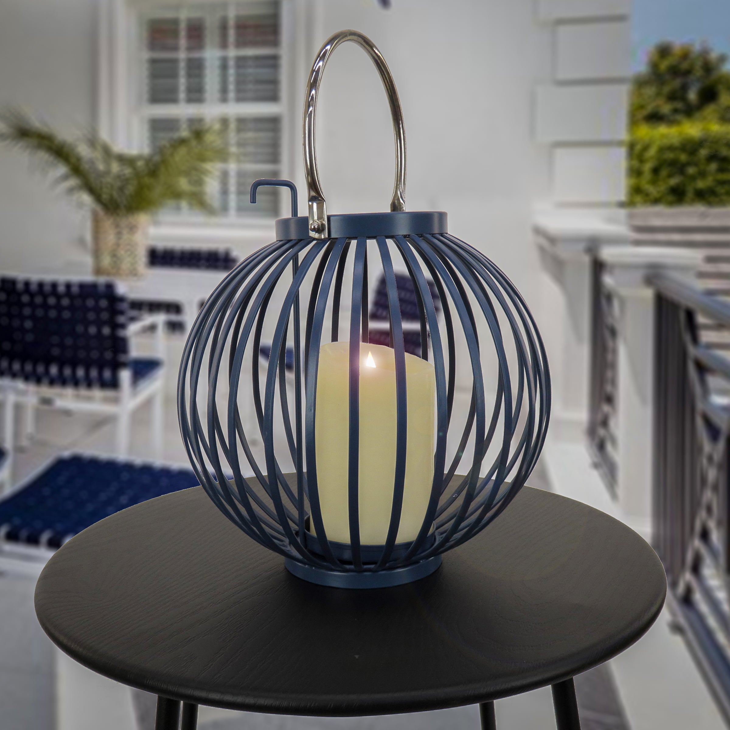 11 Inch Modern Dark Blue Outdoor Lantern Candle Holder - Waterproof & Rustproof for Patio, Garden, Porch Decor