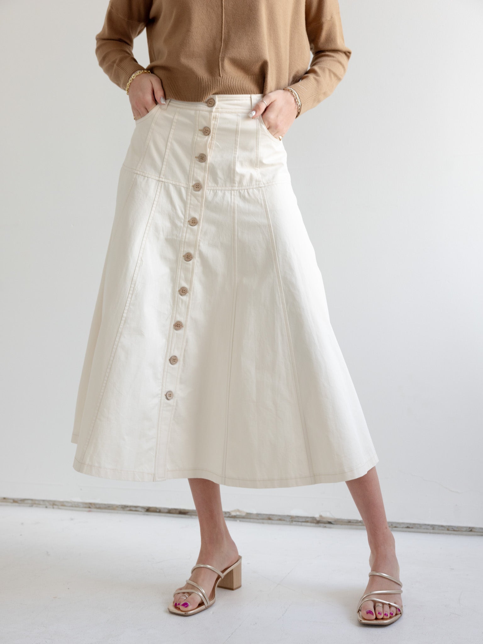 Elegant Taupe Midi Skirt for Women - A-Line Flowy Knee-Length Pencil Skirt - Perfect for Office, Date Night & Casual Outings