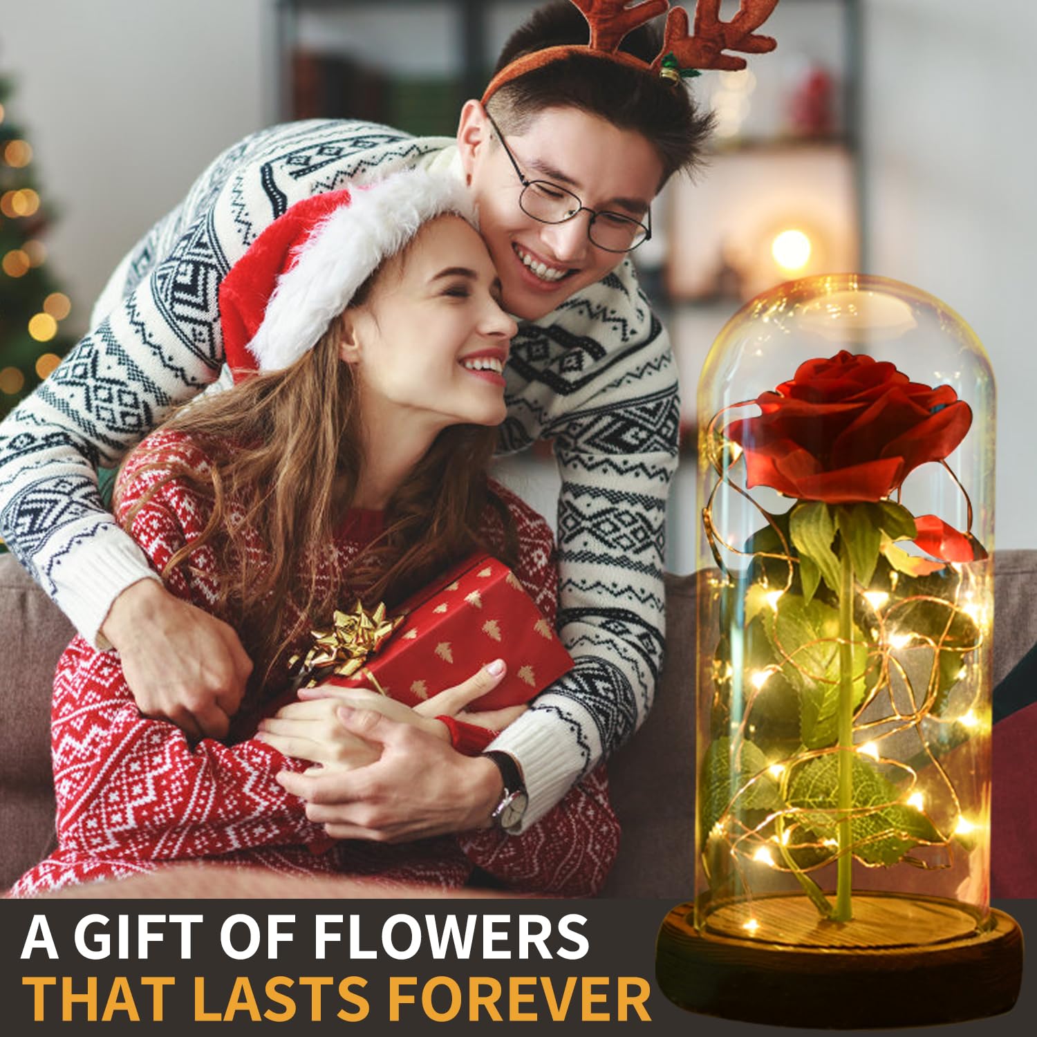 SW Preserved Rose - Enchanted Red Silk Rose in Glass Dome with LED Lights & Pine Base, Romantic Home Decor Gift for Women - Perfect for Valentine's Day, Mother's Day, Christmas, Wedding Anniversary, Birthday (Ideal for Bedroom Decor, Wedding Centerpiece, Romantic Gift)