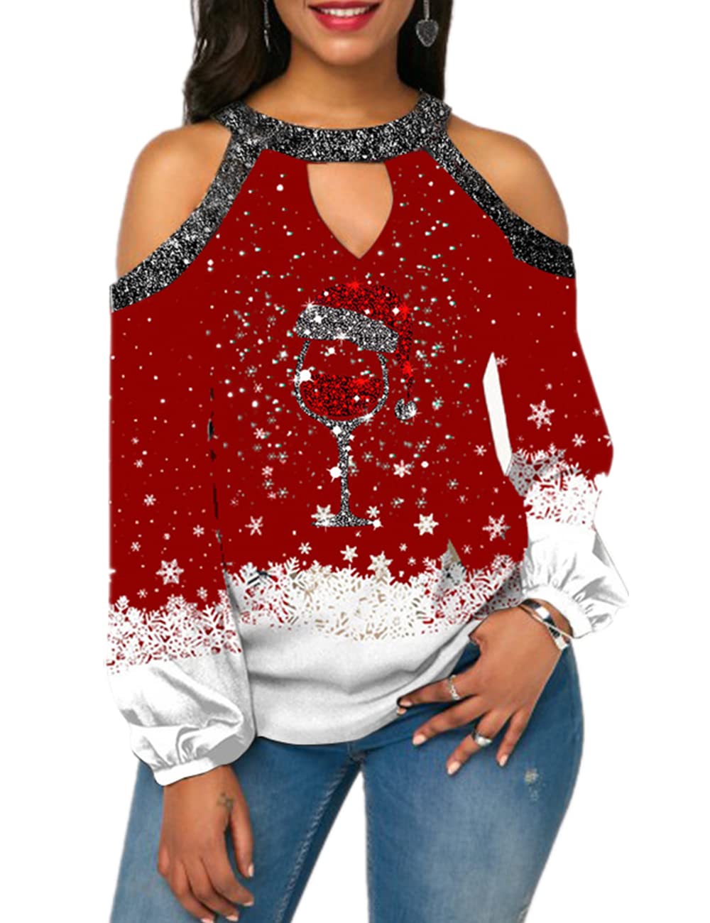 AHAIJ Women's Christmas Graphic Print T-Shirt - Sexy Cold Shoulder Long Lantern Sleeve Loose Blouse for Holiday Party, Xmas Gift & Casual Wear