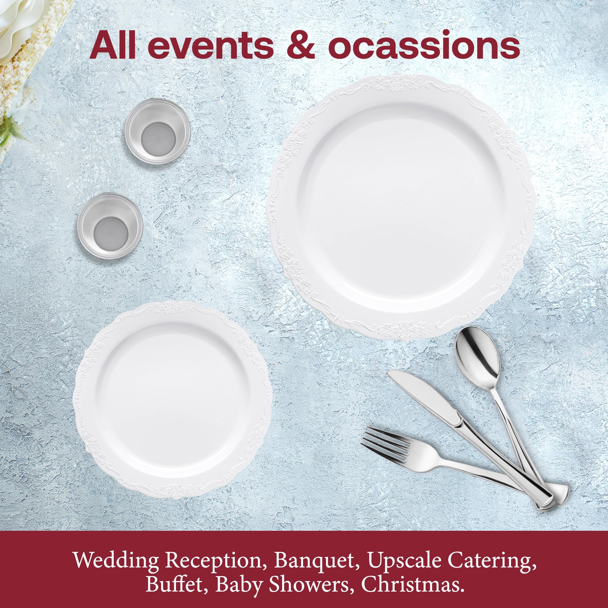 Elegant Plastic Plates Wedding Value Set for 120 Guests - White & Silver Disposable Dinnerware with Silverware & Clear Cups | Smarty Had A Party | Perfect for Weddings, Bridal Showers & Formal Events