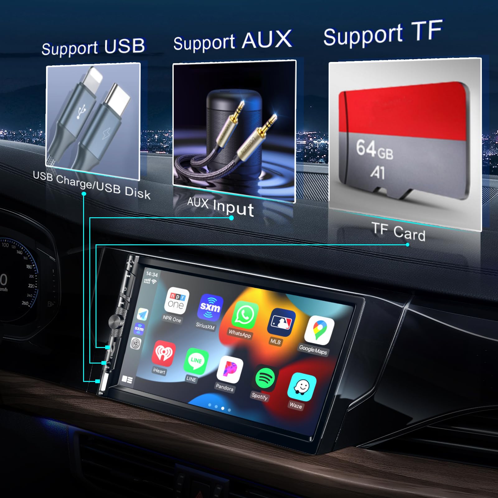 7 Inch Wireless Double Din Car Stereo with Apple CarPlay & Android Auto - HD 1024x600 Touchscreen, Bluetooth 5.1 Hands-Free, GPS Navigation, Backup Camera - FM Radio Receiver with USB/AUX/TF/SWC/EQ for Seamless Driving & Entertainment