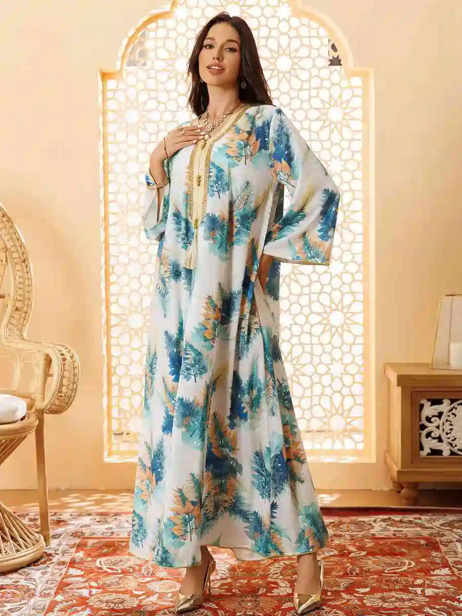 Elegant Hotfix Rhinestone Printed Eid Caftan Dress for Women - Perfect for Eid Celebrations, Weddings & Special Occasions