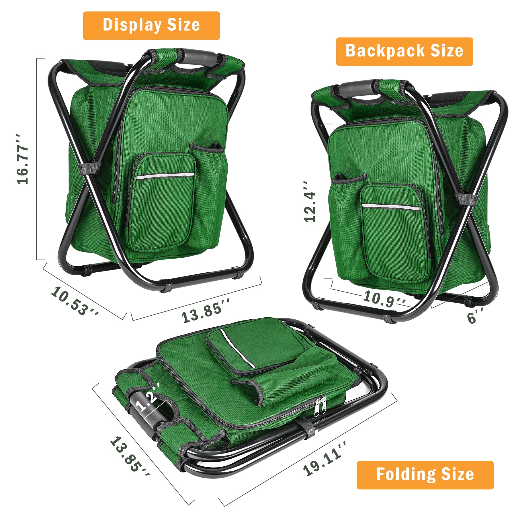 Kikerike Portable Stool Backpack Cooler Chair - 400 LBS Max Load, Folding Fishing Cooler Backpack Stool for Outdoors, Hiking, Beach, Travel, Camping, and Picnics - Army Green