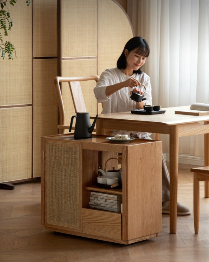 Solid Oak and Ash Wood Tea Maker Mobile Side Cabinet - Portable Side Table for Living Room, Bedroom, or Office