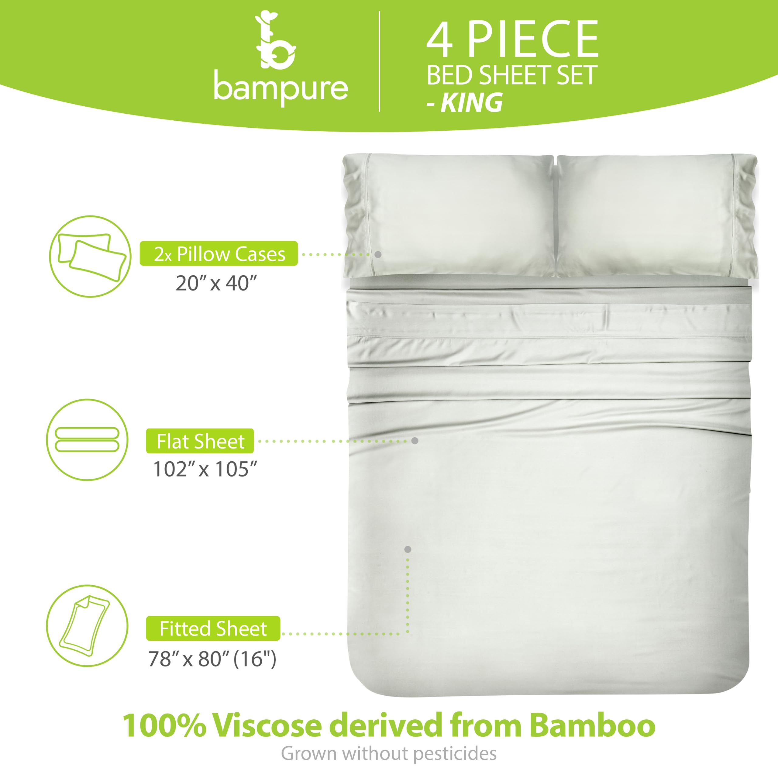 BAMPURE Luxury King Size Bamboo Viscose Sheet Set - 100% Bamboo-Derived, Super Soft & Cooling Bed Sheets for Hot Sleepers - Fits Mattresses Up to 16