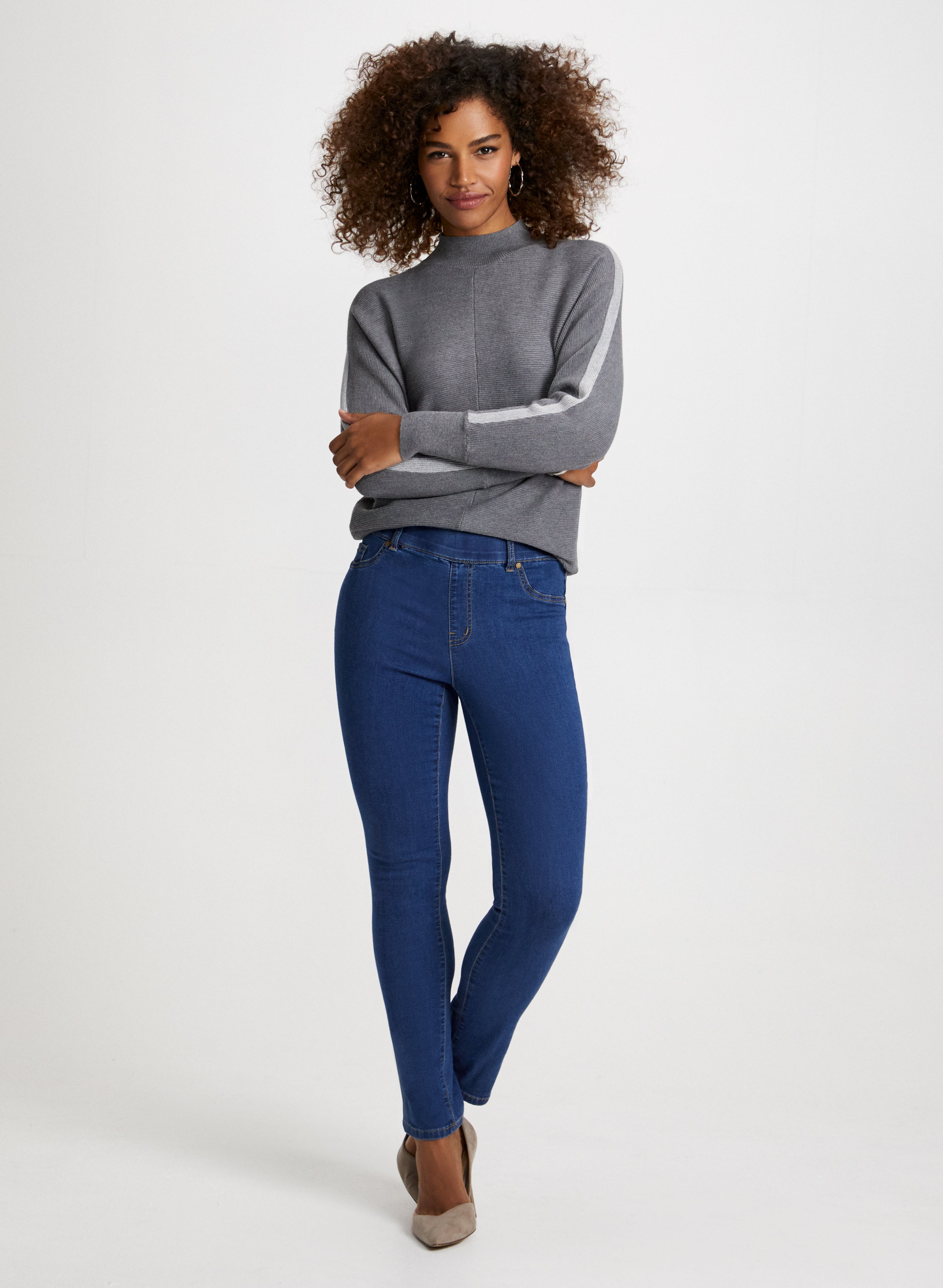 Stylish Contrast Stripe Sweater & Comfortable Pull-On Jeans for Women - Perfect for Casual Outings, Office Wear, and Weekend Relaxation
