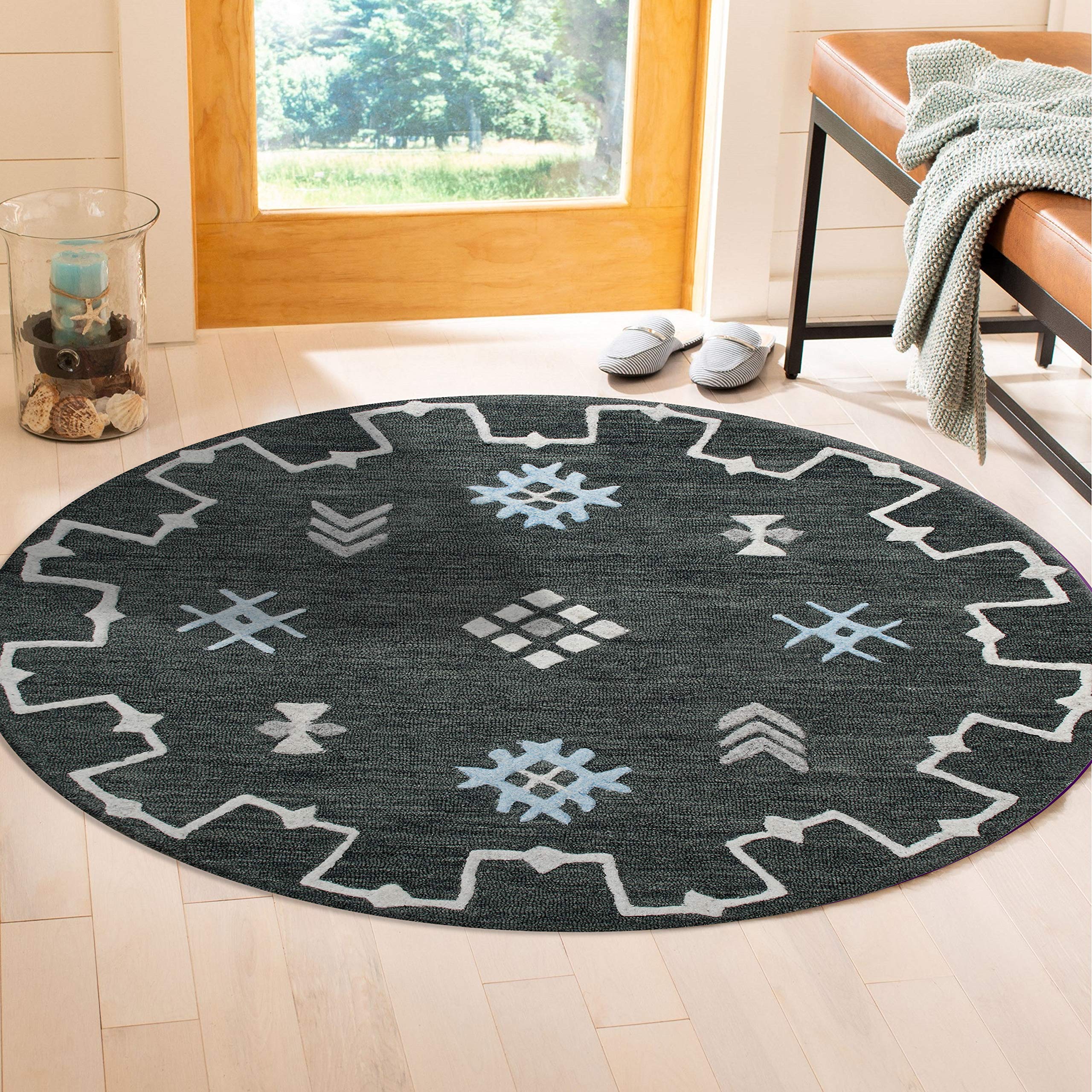 LR Home 5ft Round Indoor Large Area Rug - Soft Boho Farmhouse Carpet in Charcoal | Perfect for Living Room, Bedroom, Kitchen, Playroom, Entryway & Office Decor | Adds Warmth & Style to Any Space