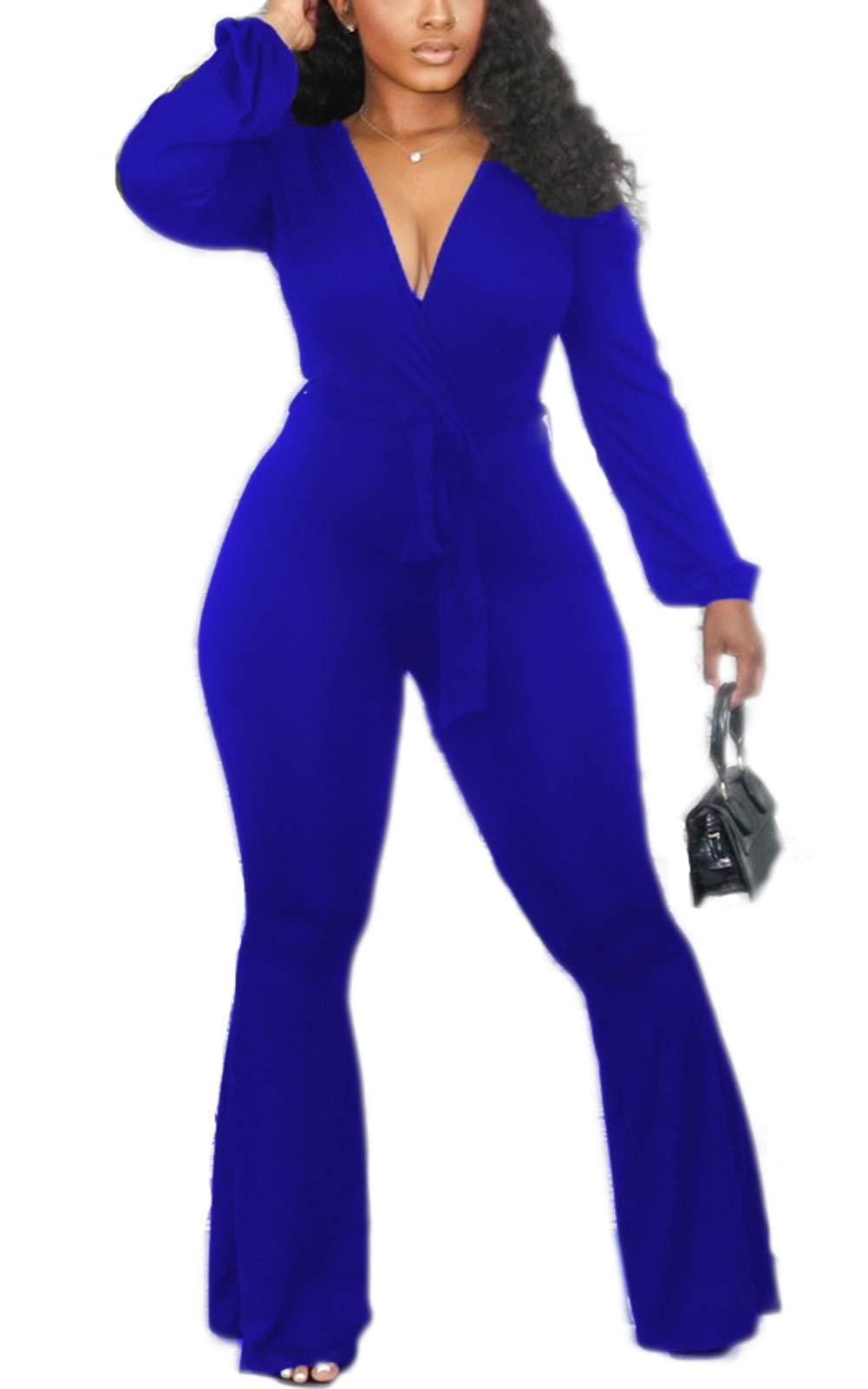 Elegant Women's Jumpsuits - High Waist Bell Bottom One Piece Outfit with Belt, Plus Size Jumper | Perfect for Office Wear, Date Nights & Special Occasions