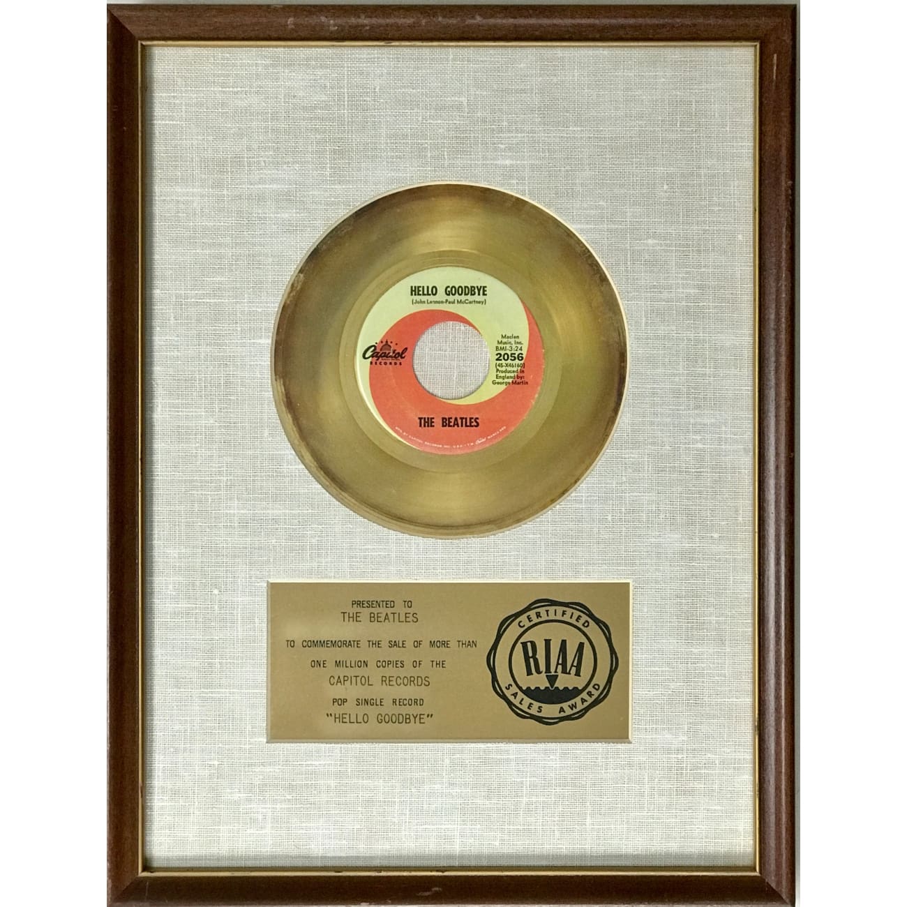 The Beatles Hello Goodbye RIAA Gold 45 Award - Rare Collectible Vinyl Record for Music Memorabilia & Beatles Fans - Perfect for Display in Home, Office or Music Studio
