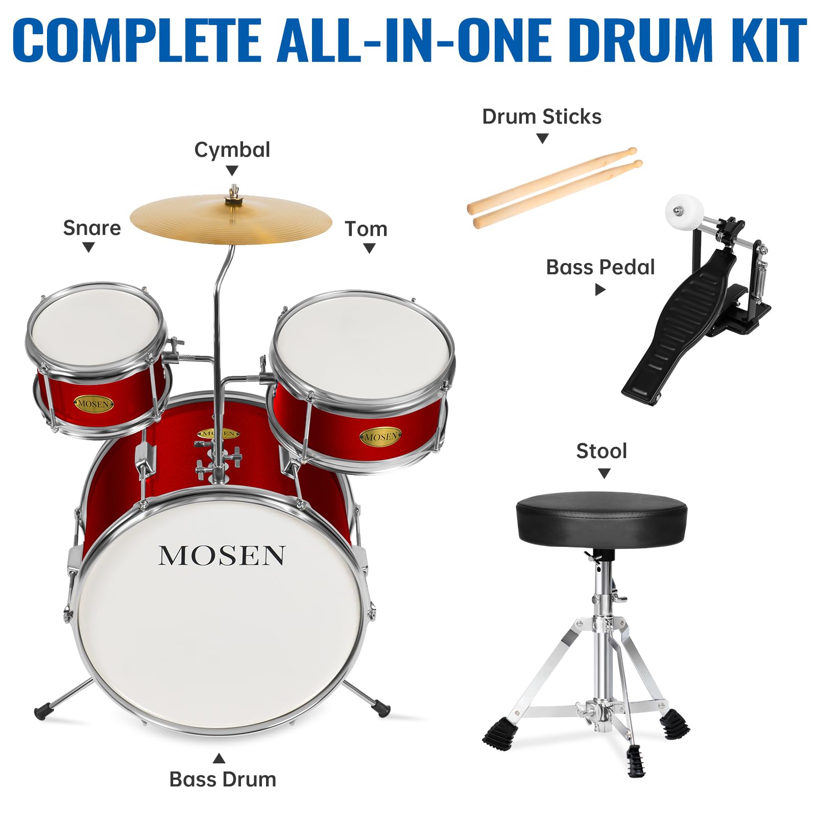 MOSEN 3-Piece Kids Drum Set with Adjustable Throne, Cymbal, Pedal & Drumsticks - Beginner Junior Drum Kit with Bass, Tom & Snare Drum (Red) - Perfect for Home Practice, Music Lessons & Birthday Gifts for Toddlers & Young Children