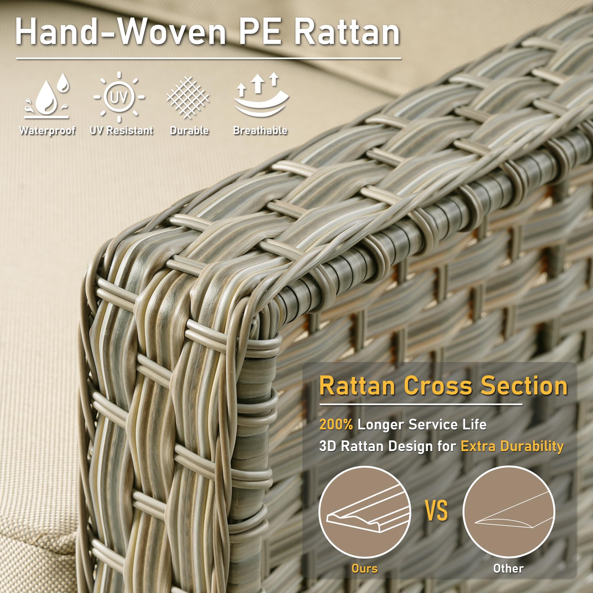 HOOOWOOO 3-Seater Outdoor Wicker Sofa - All-Weather Resistant High Back Rattan Patio Furniture Set (Beige Tan) - Perfect for Deck, Garden, Poolside & Backyard Relaxation