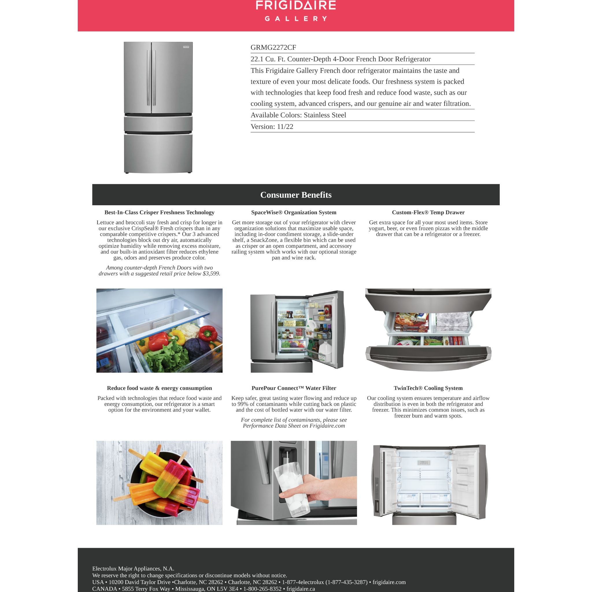 Frigidaire Gallery 4-Door French Door Refrigerator (GRMG2272CF) - 36 Inch Stainless Steel Smart Fridge with Spacious Interior for Large Families & Entertaining