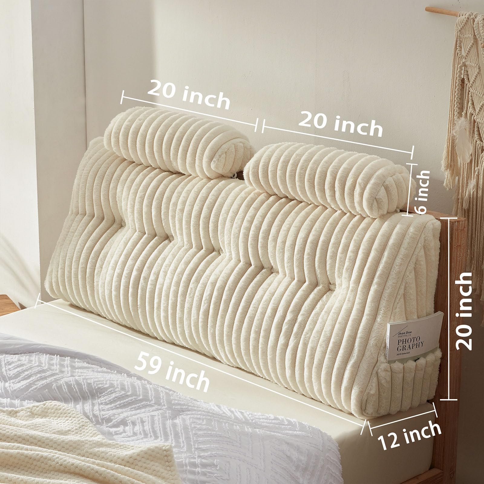 Luxury Faux Fur Headboard Pillow Set - 2 Pack Neck Roll Pillows with Soft & Supportive Queen Size Headboard Cushion & Removable Cover (Beige) - Perfect for Bedroom Decor, Reading, Relaxing & Back Support