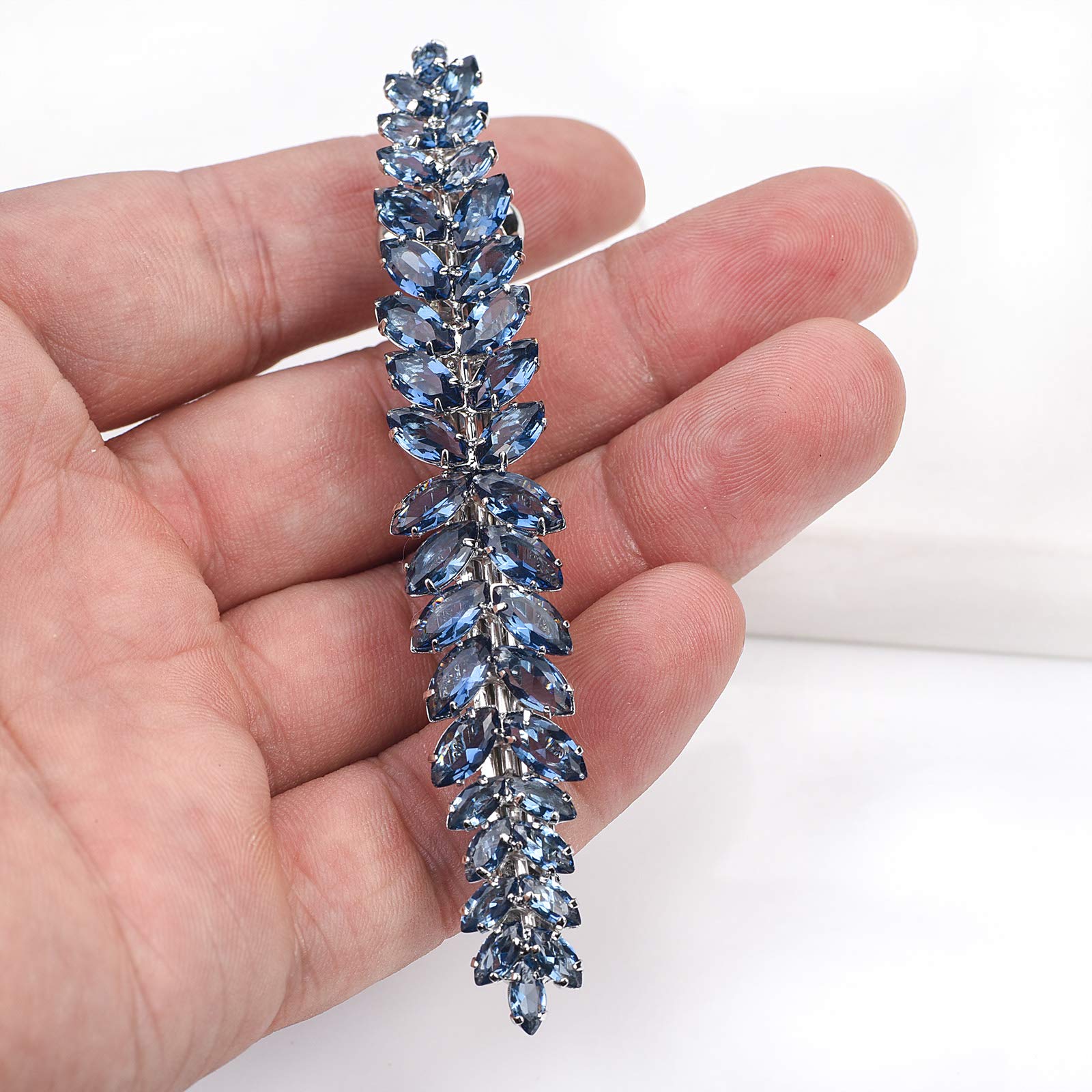 Sparkly Crystal Flower Leaf Hair Barrette Clips for Women - Elegant Bridal Wedding Prom Party Hair Accessories (Navy Blue) | Perfect for Special Occasions, Date Nights & Formal Events